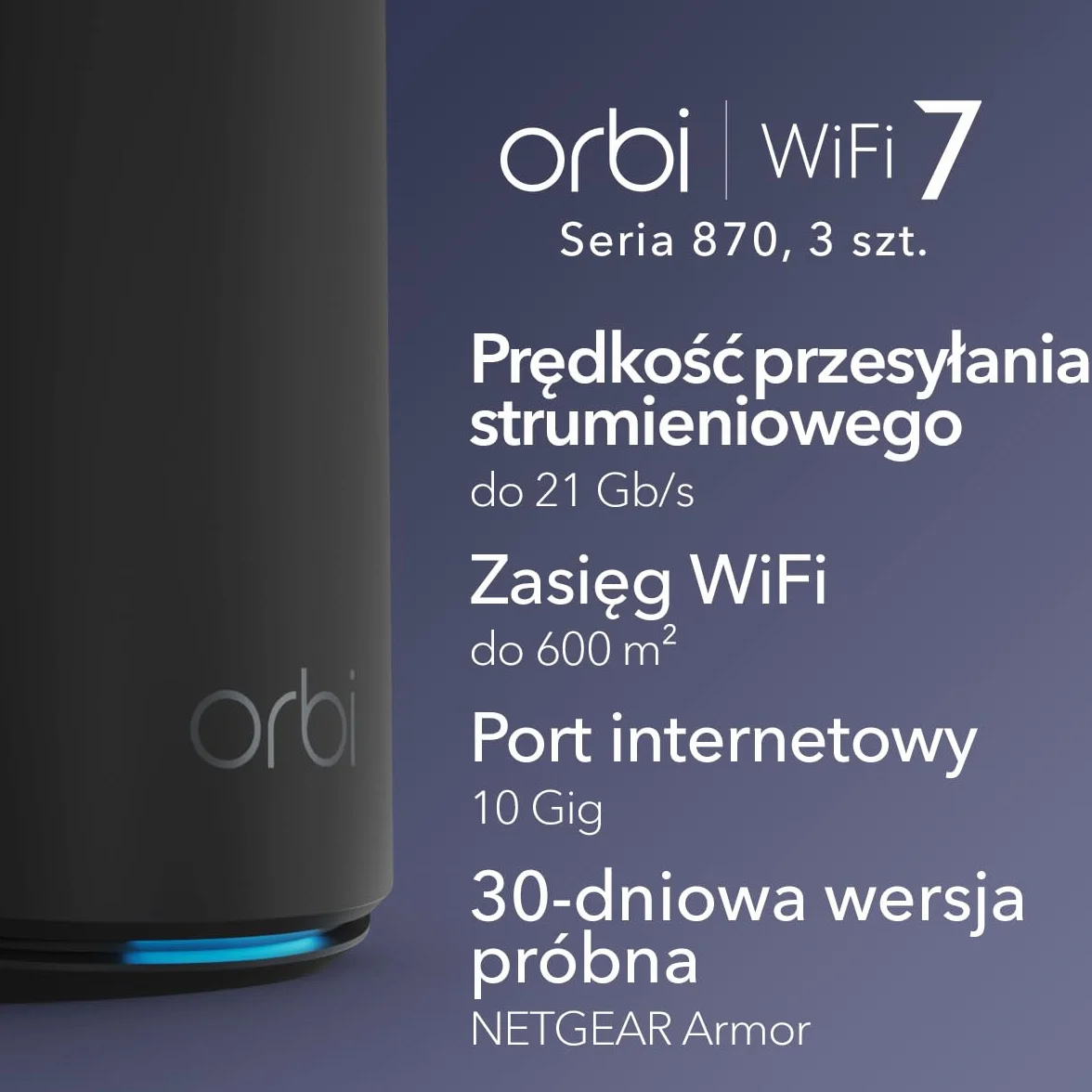 NETGEAR Orbi 870 Trójpasmowy system sieci mesh WiFi 7 (RBE873B) — router + 2 wzmacniacze satelitarne, funkcje zabezpieczeń, do 21 Gb/s, zasięg do 600 m2, 150 urządzeń, port internetowy 10 Gb/s, czarny
