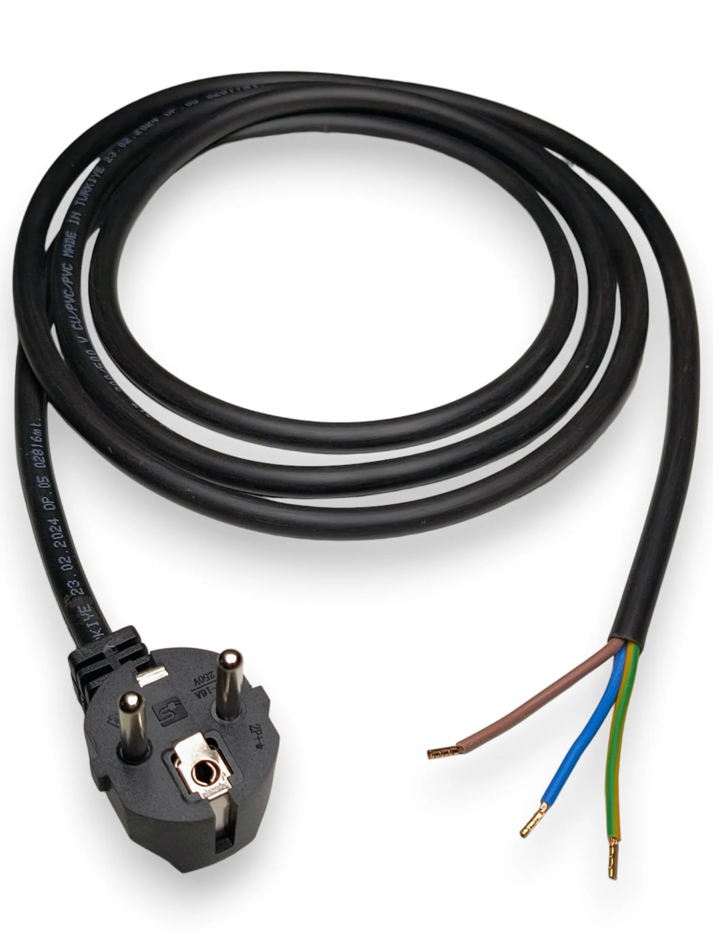Kabel Zasilający z Tulejkami, 2 Metry, 230V, 16A, IP20, Kabel Przyłączeniowy z Wtyczką Schuko, Kabel Zasilający Ze Stykiem Ochronnym, Kabel Przejściowy z Tulejkami, Czarny