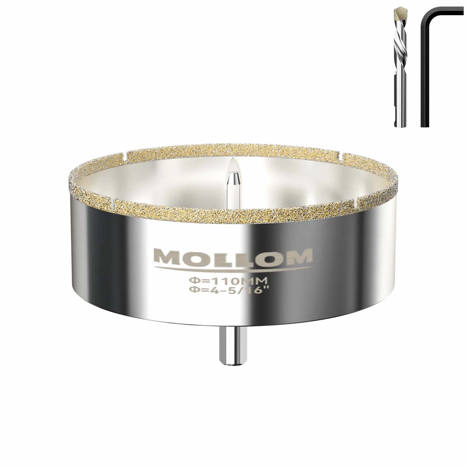 MOLLOM 4-5/16" (110mm) Piła diamentowa z 2 wymiennymi wiertłami prowadzącymi, do gładkiego cięcia płytek porcelanowych, szkła, ceramiki, marmuru, włókna szklanego i innych materiałów