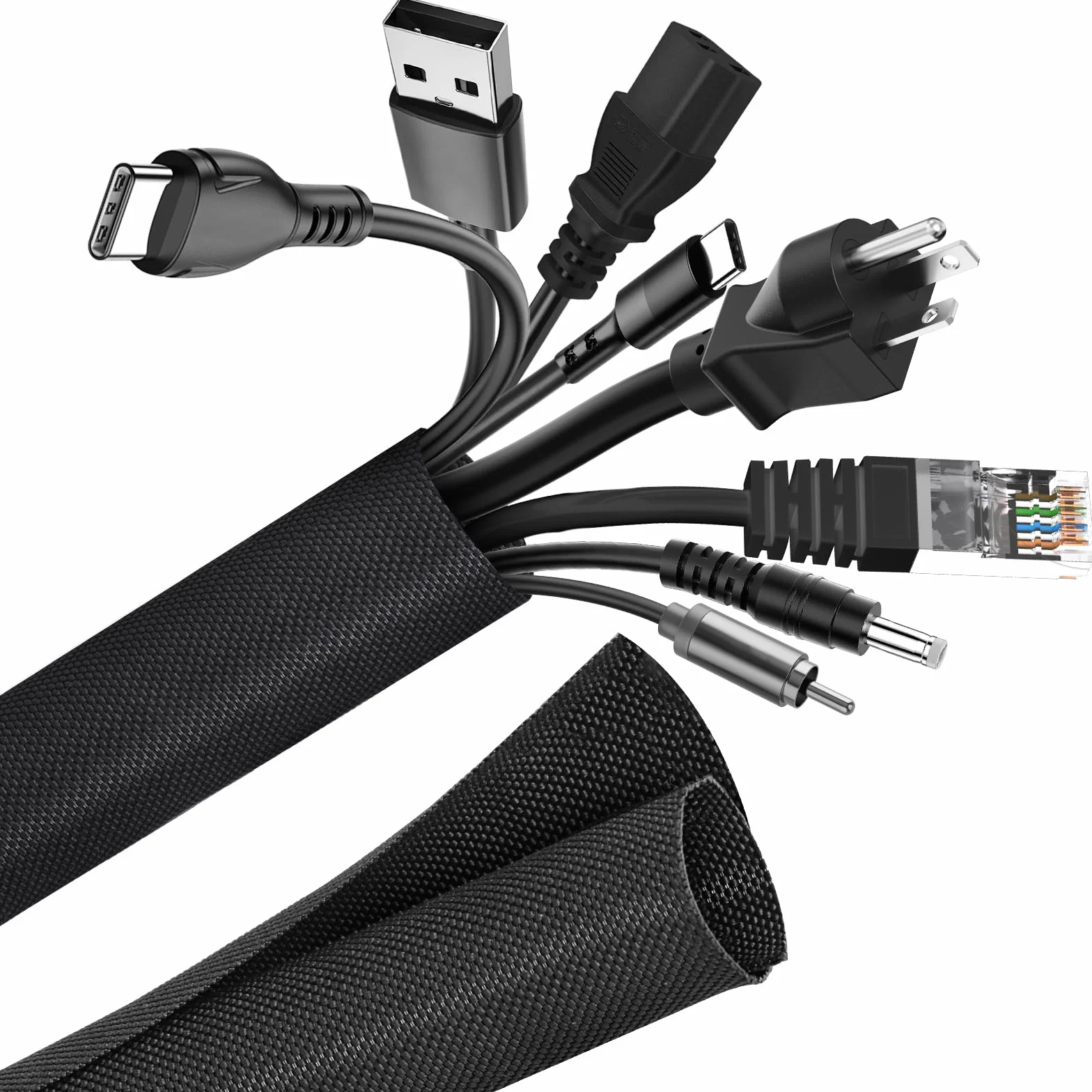 AiQInu 1,5 m, czarny nylonowy pojemnik na kable elektryczne, czarna osłona kablowa, ukrywanie kabli do biura samochodu, zarządzanie kablami