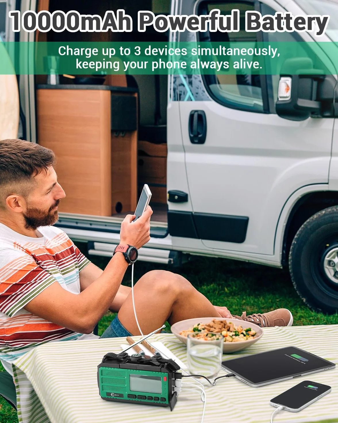 Esky 10000 mAh radio awaryjne AM/FM z powerbankiem, latarką, lampą do czytania, alarmem SOS i kompasem, ładowanie USB/słoneczne/korbą ręczną