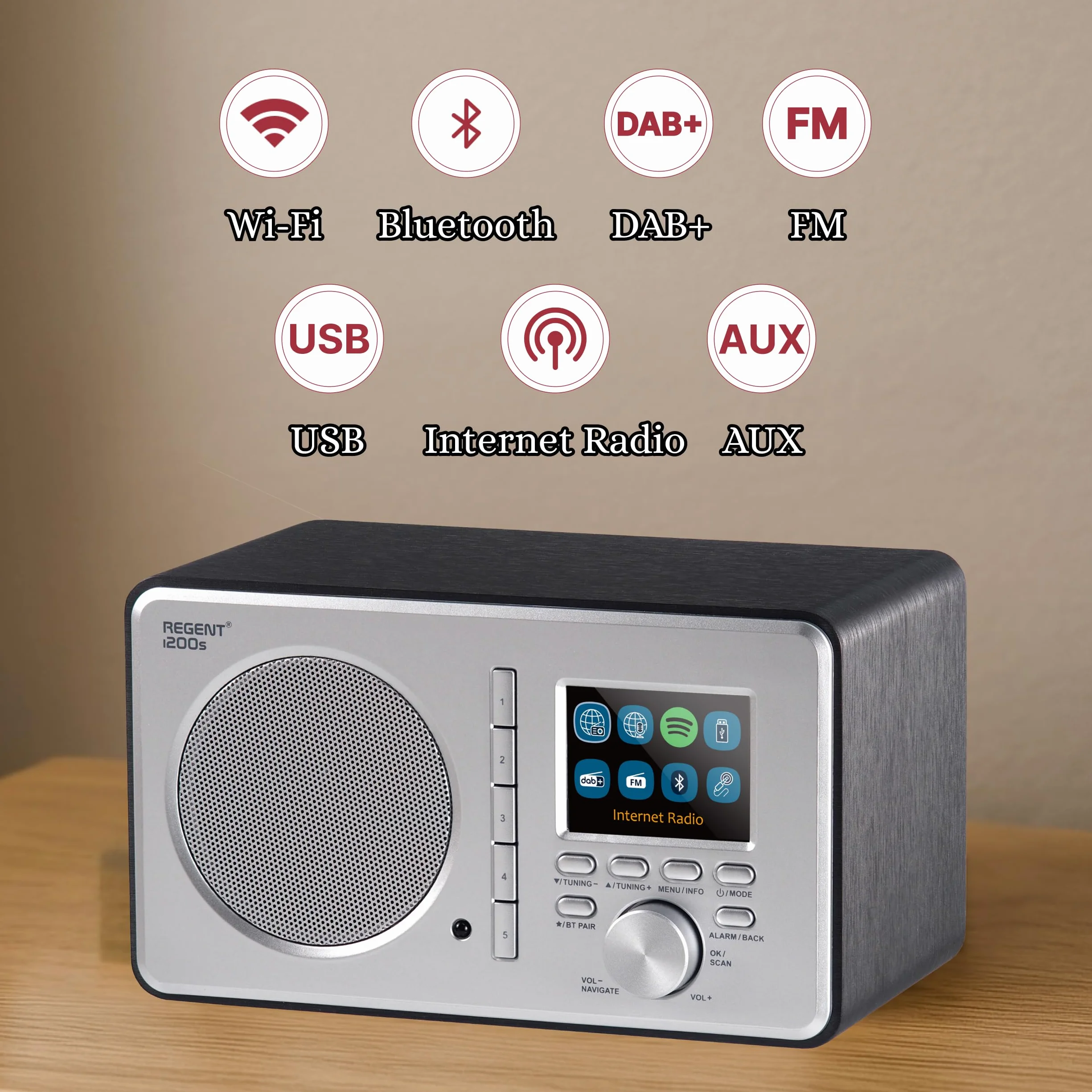 Ferguson Regent i200s Radio internetowe WLAN Bluetooth FM DAB DAB+ Spotify Connect Budzik LCD USB AUX-IN