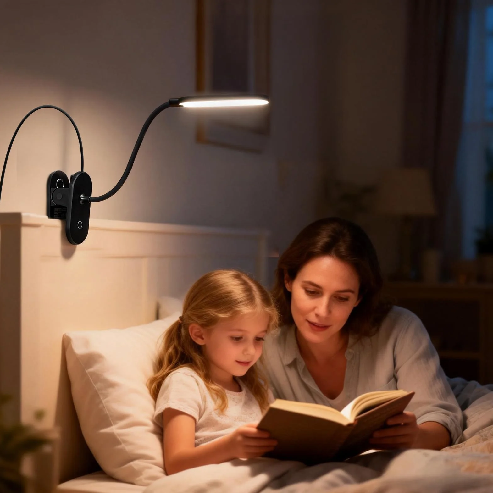 Aigostar Lampa do Czytania z Klipsem - Lampka Nocna LED Zasilana USB (Bez Baterii), 3 Poziomy Jasności, Elastyczne Ramię 360°, Ochrona Oczu 4000K, Idealna do Łóżka i Biurka, Czarna