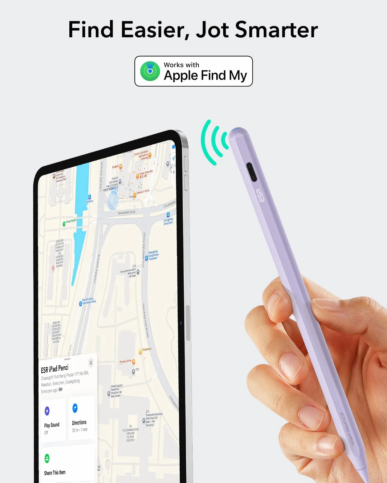ESR Geo Digital iPad Pencil Findmy kompatybilny z Apple iPad 2018-2025, z łatwymi skrótami do Apple iPad A16/10/9/8 i Air 13/11 i Pro 12,9/13/11 i Mini 7/6/5, fioletowy (bez ładowania bezprzewodowego)