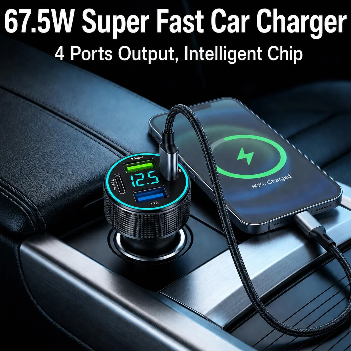 Ładowarka samochodowa 67,5W 4 porty USB C PD 30W USB A QC 22,5W z wyświetlaczem LED napięcia 12V/24V