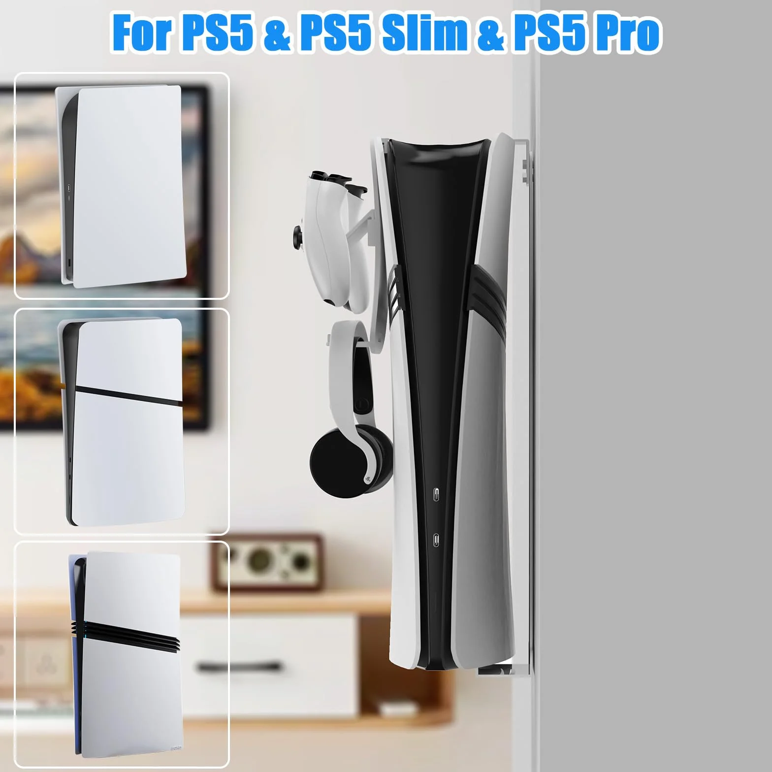 PS5 Montaż ścienny, uchwyt ścienny do PS5 Slim i Pro Steel Playstation 5 uchwyt ścienny z uchwytem kontrolnym i wieszakiem na słuchawki, śruby, gąbka (biały)