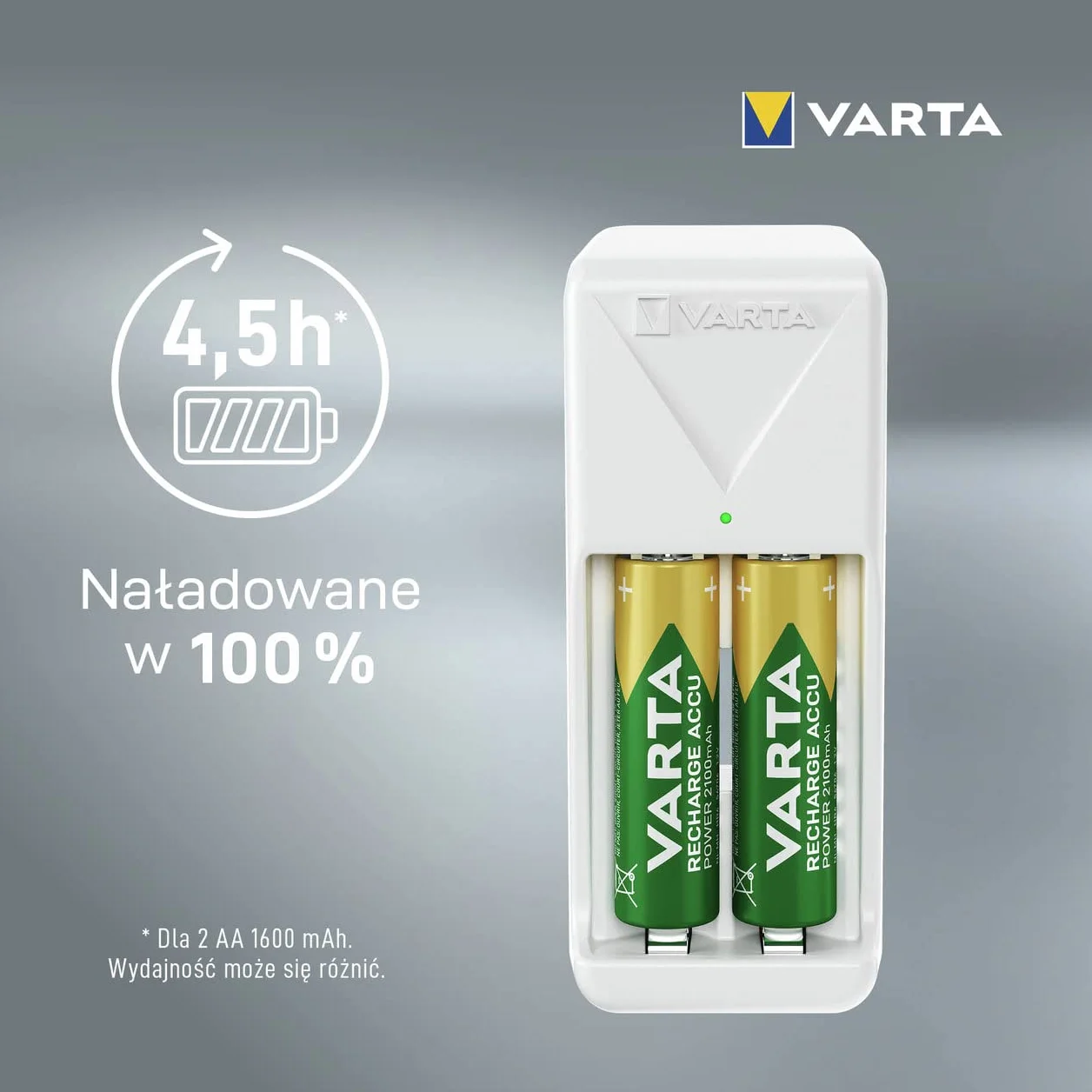 Varta MiniładowarkaMiniChargerna2akumulatoryniklowo-metalowo-wodorkowe(NiMH) AA,AAA(wtym2xakumulatorAAA800mAh),wtyczkaUE