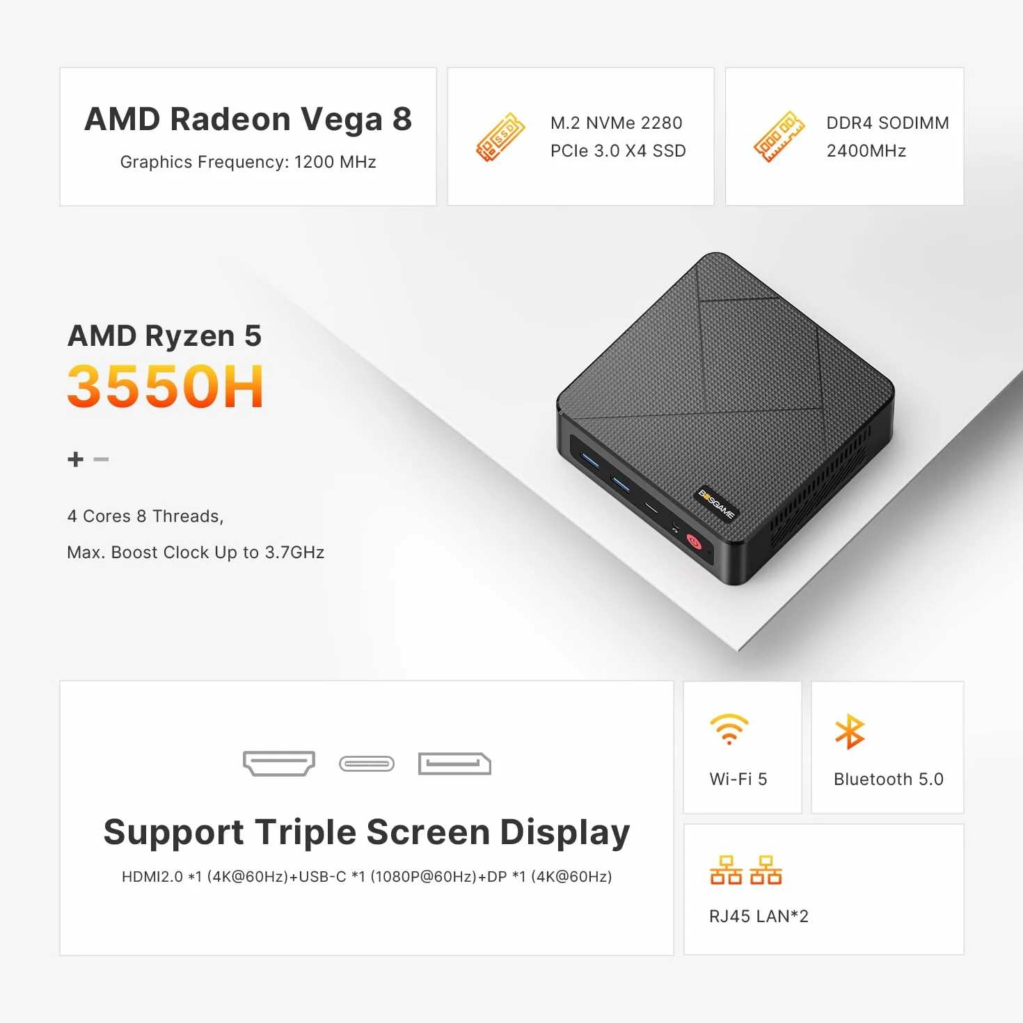 BOSGAME E4 Mini PC AMD Ryzen 5 3550H 16GB DDR4 512GB SSD Windows 11 Pro