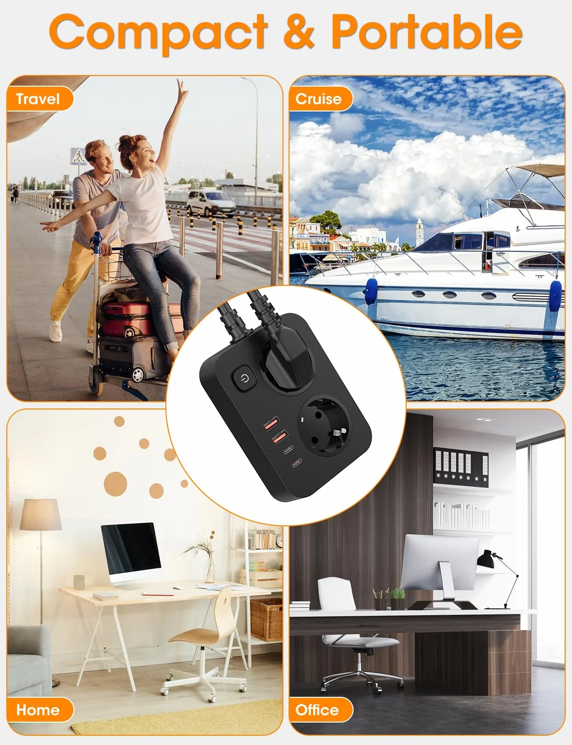 Listwa Przedłużaczowa 6-w-1 z USB-C Ładowaniem Gniazda z Wyłącznikiem i 4 Porty USB, Przewód 2m, Do Domu