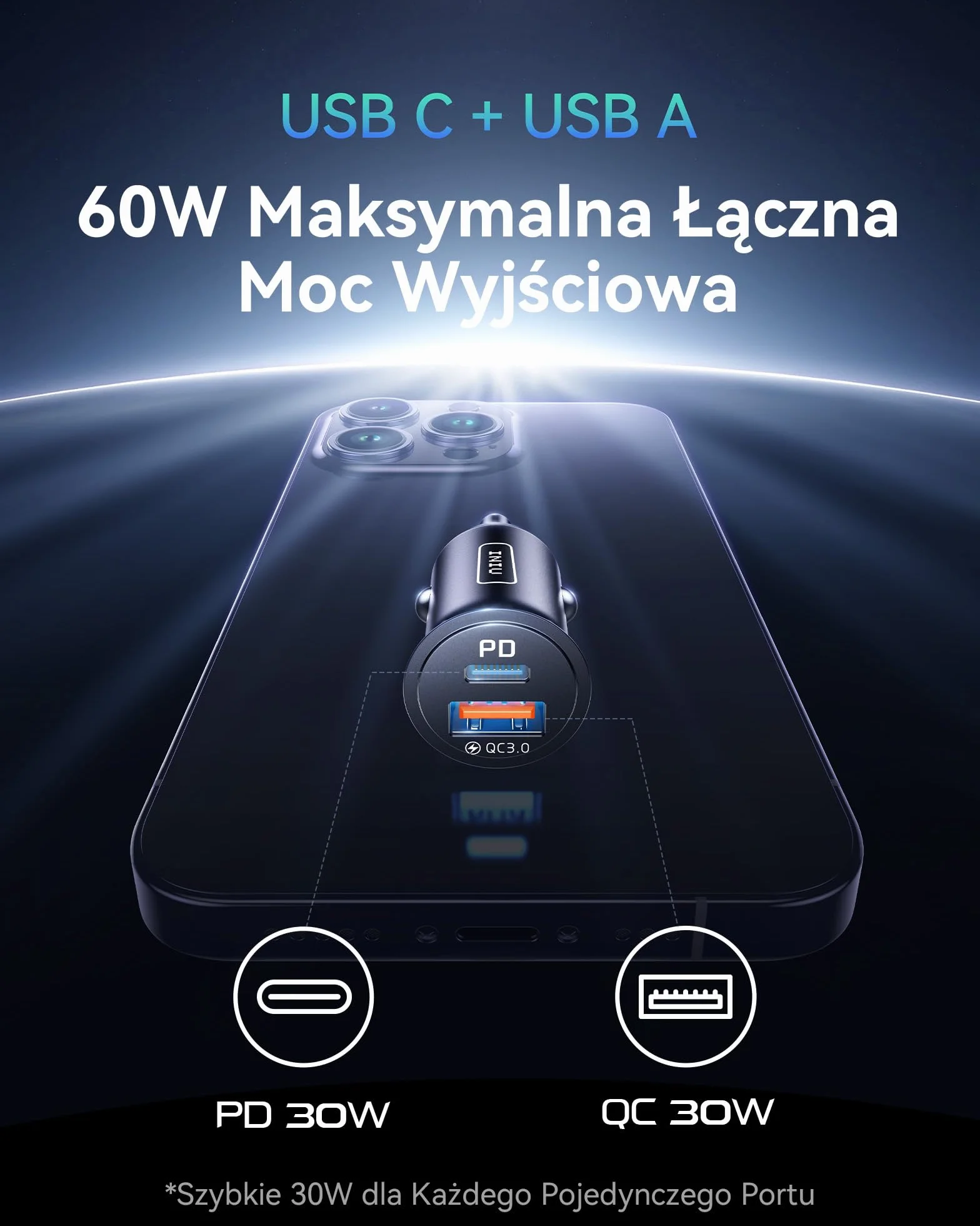 INIU 60W Ładowarka Samochodowa [USB C + USB A], PD & QC 3.0 Szybkie Ladowanie 12V 5A, Metalowy Adapter do Samochodu Kompatybilna z iPhone 17 16 15 14 Pro Max Samsung S23 S22 AirPods Pixel iPad etc