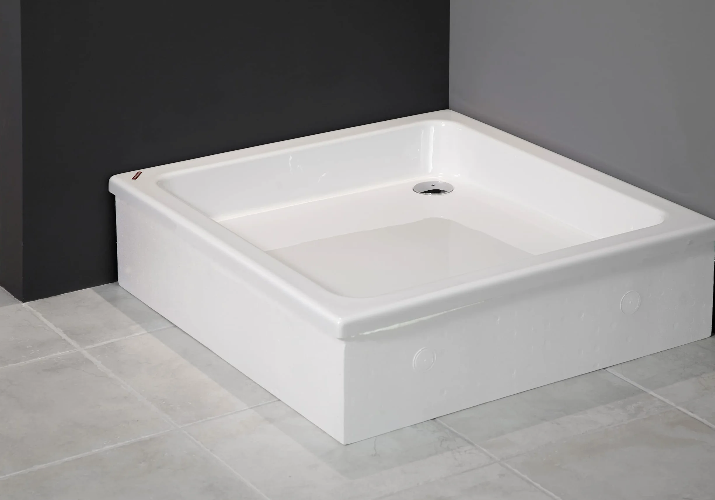 Sellon24® Akrylowy brodzik prysznicowy bez fartucha, kwadratowy, prostokątny, z uchwytem EPS + syfon, biały, stabilny wspornik styropianowy, możliwość kafelkowania, wysokość konstrukcyjna 26 cm (80 x