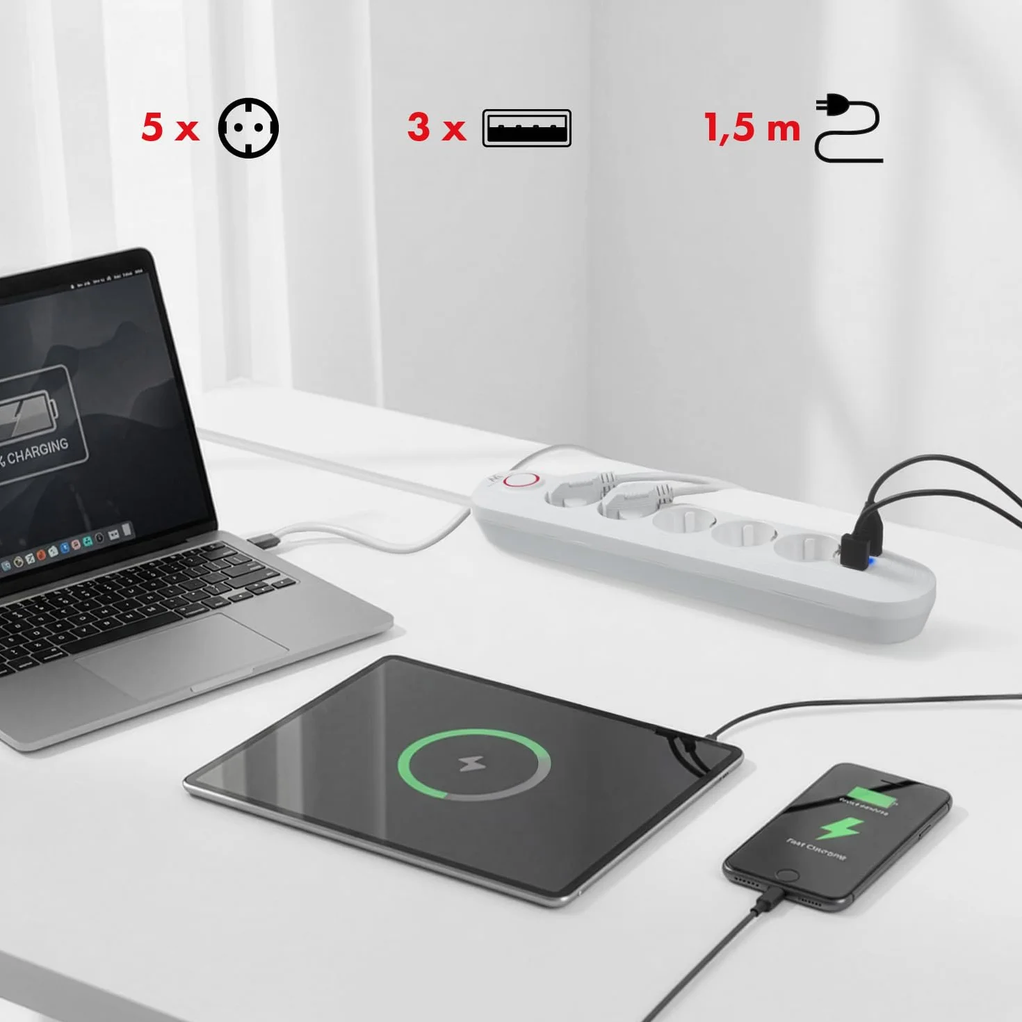Maclean Listwa zasilająca MCE394/MCE395 2500 W 1,5 m Biały 5 gniazd 3xUSB