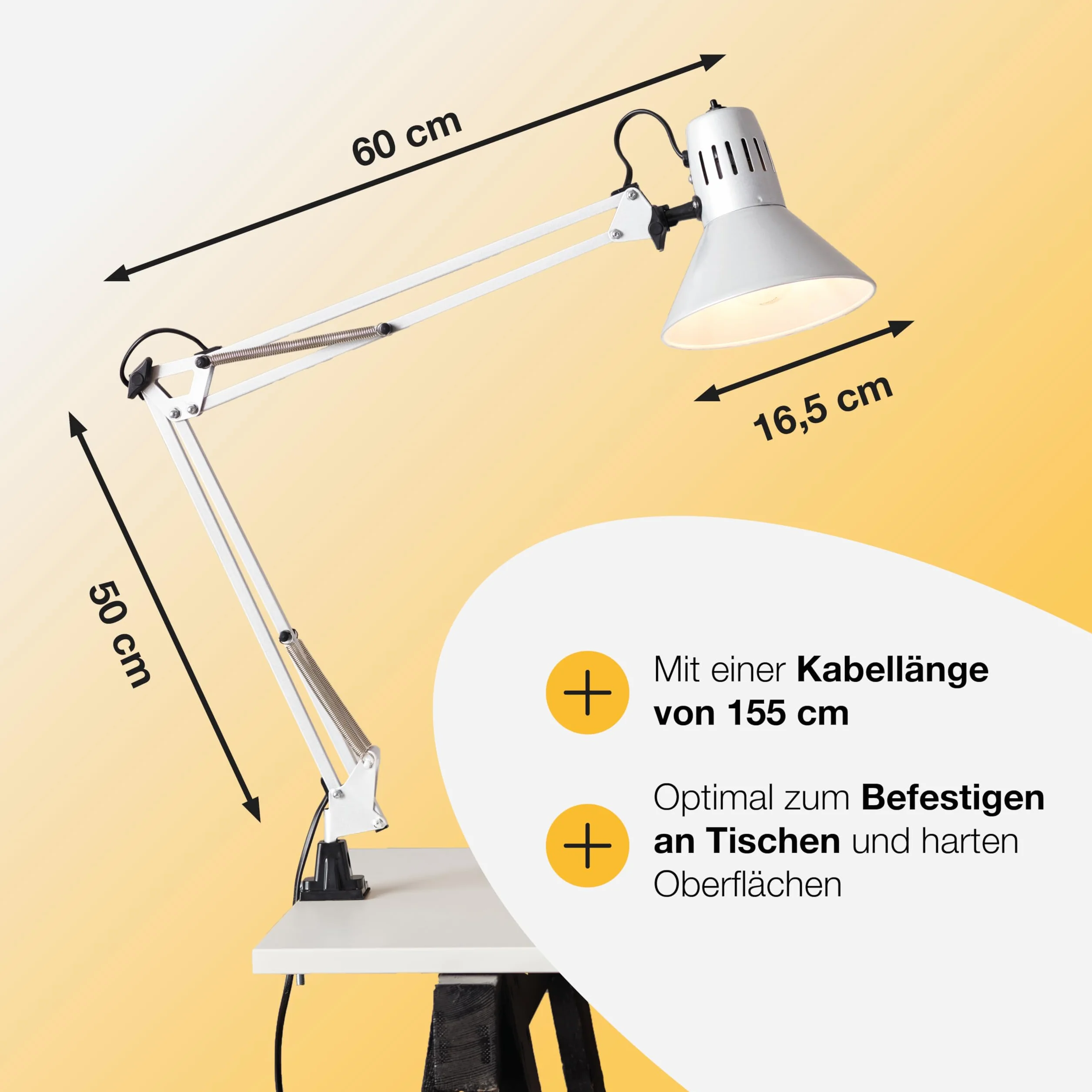 Brilliant Lampa zaciskowa Hobby biała 10802/05 | Lampa biurkowa, wysokość 70 cm, Ø 17 cm, E27, maks. 40 W, wychylny