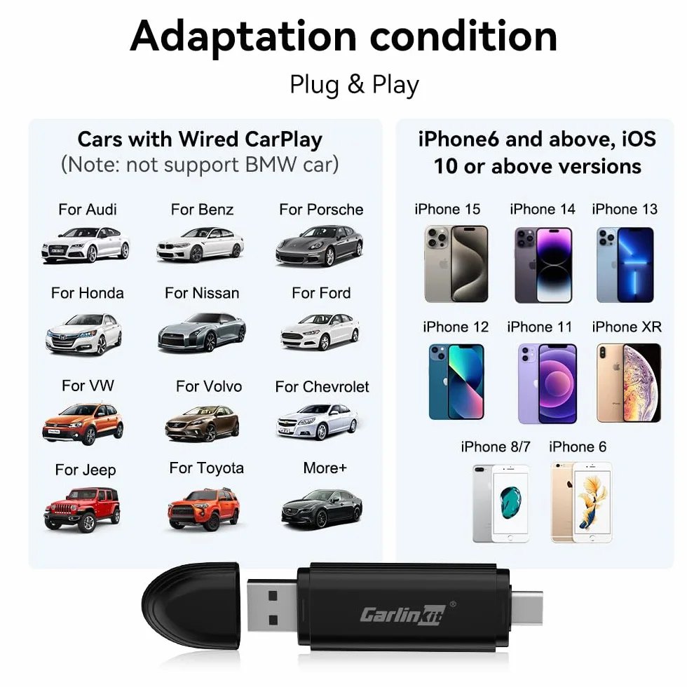 CarlinKit MINI5 bezprzewodowy adapter CarPlay, oryginalny przewodowy samochodowy CarPlay do bezprzewodowego, bardziej kompaktowy i wygodny do przechowywania