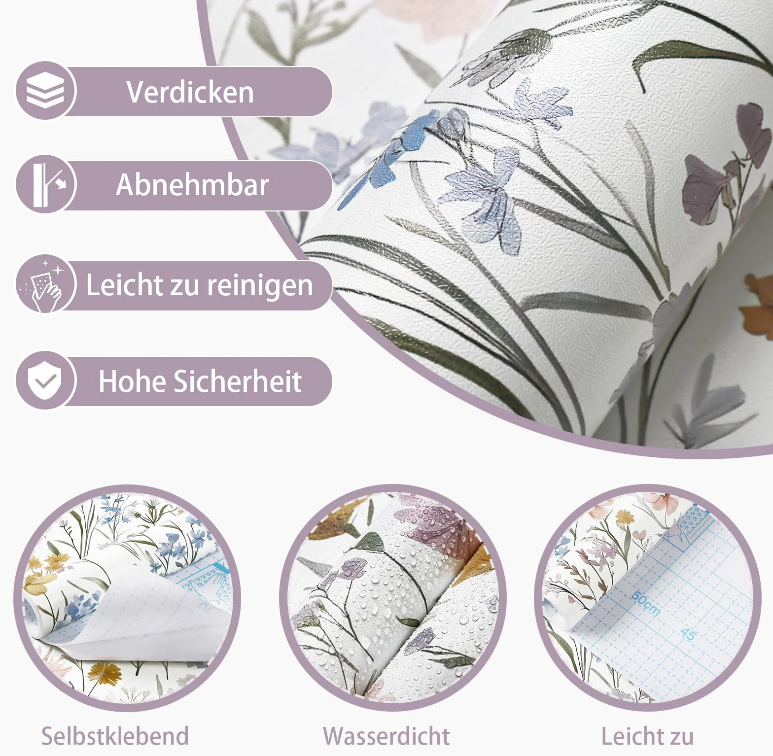 CiCiwind Samoprzylepna tapeta 44 cm × 3 m, biała kwiatowa, folia, do mebli, zmywalna, dla pokoju dziecięcego, kuchenna, dekoracja ścienna