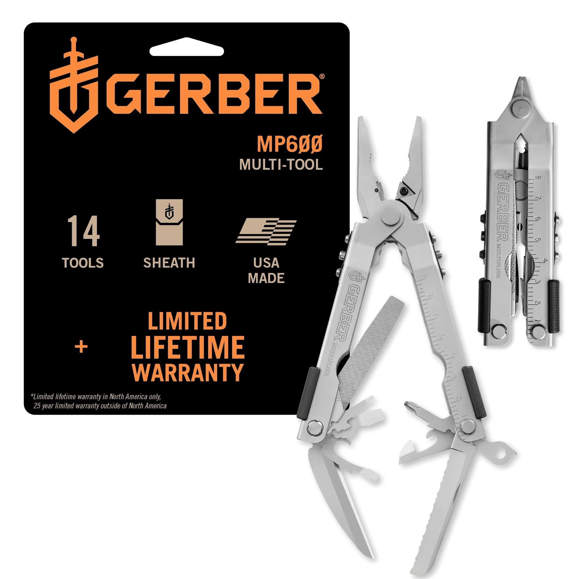 Gerber Multi-Tool z dwoma nożami i skórzaną pochwą, MP600 Full-Size, z 14 funkcjami, srebrny, 7530