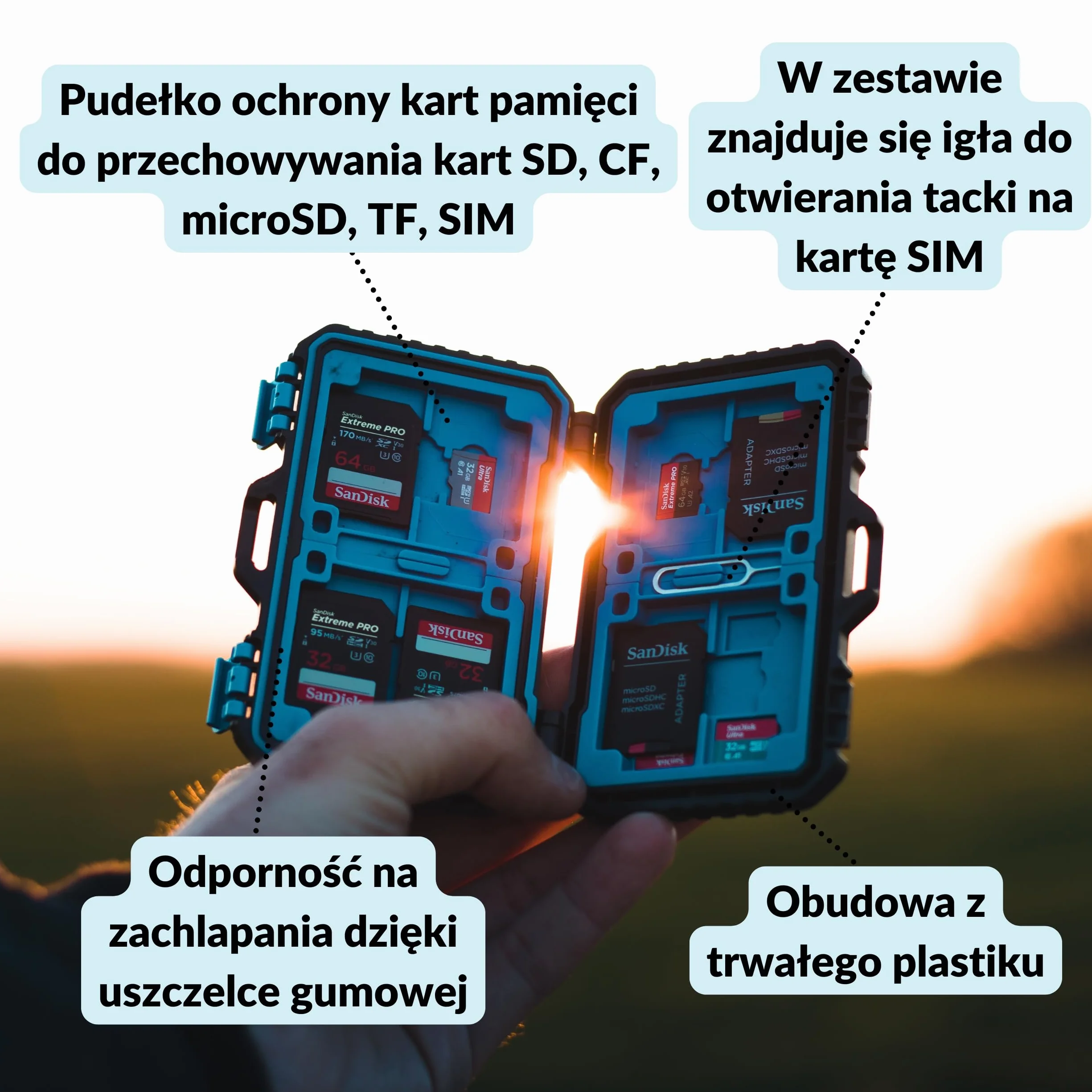 Lens-Aid Etui ochronne na karty pamięci SD CF Micro SD TF SIM, pudełko do przechowywania do 28 kart, odporne na zachlapanie