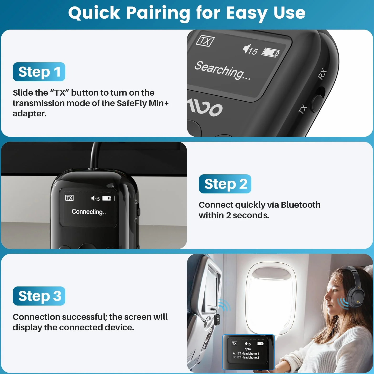 YMOO SafeFly Min+ nadajnik Bluetooth Czarny odbiornik Bluetooth Adapter do samolotu