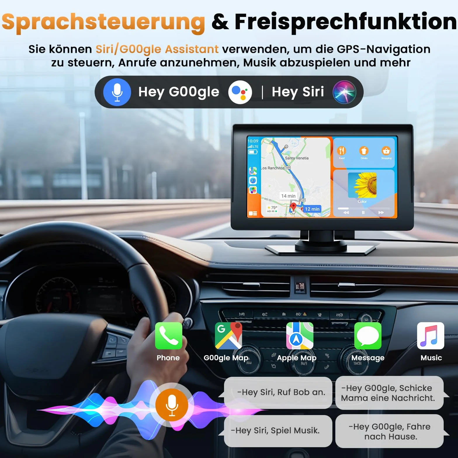 Volam Bezprzewodowy wyświetlacz Carplay Android Auto z 7-calowym ekranem dotykowym, ekran Car Play z nawigacją GPS, asystent głosowy, Mirror Link, Bluetooth 5.0, AUX, FM