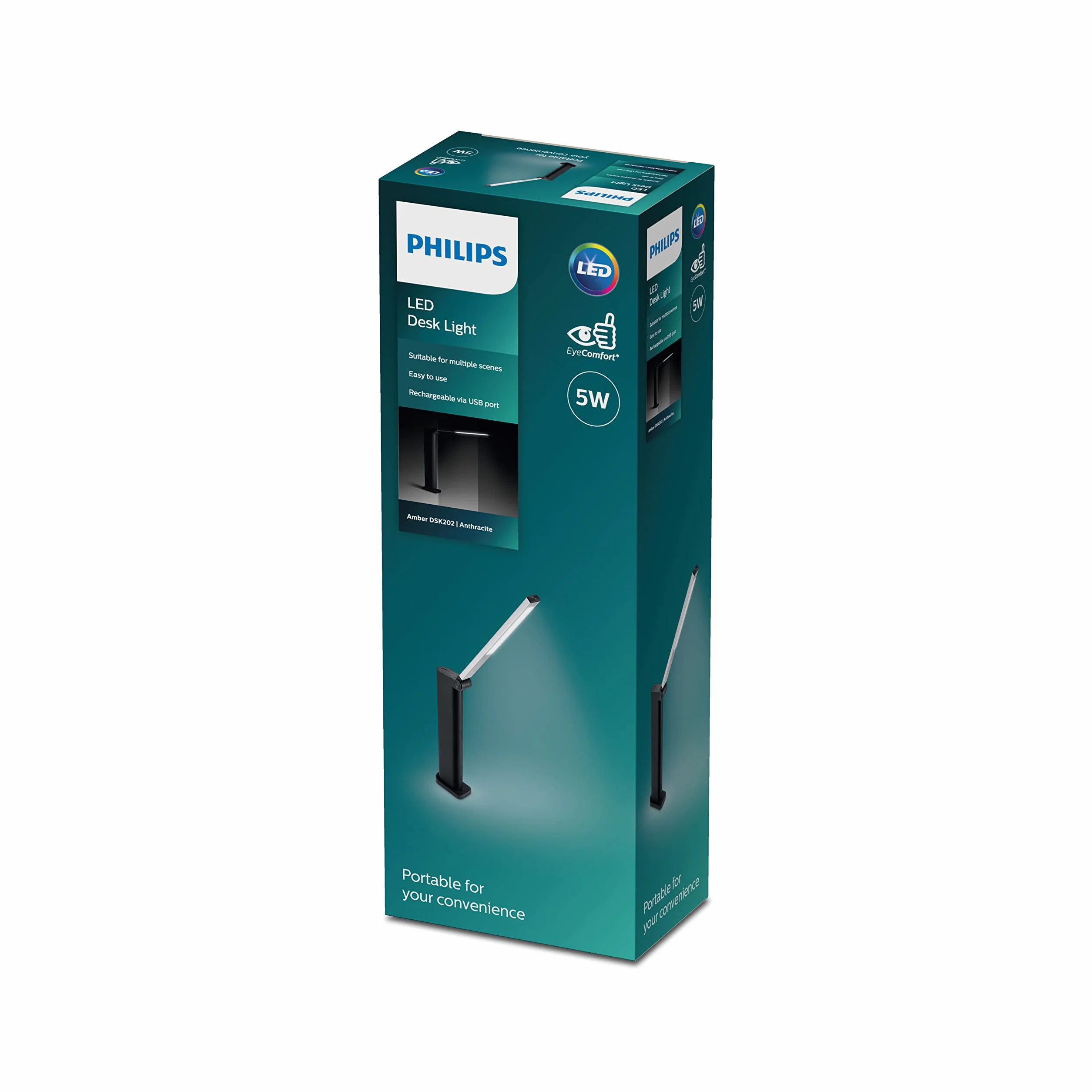 Philips LED Lampka biurkowa Performance Amber DSK202, 5 W 120 lm, 4000 K, czarna, możliwość przyciemniania, USB