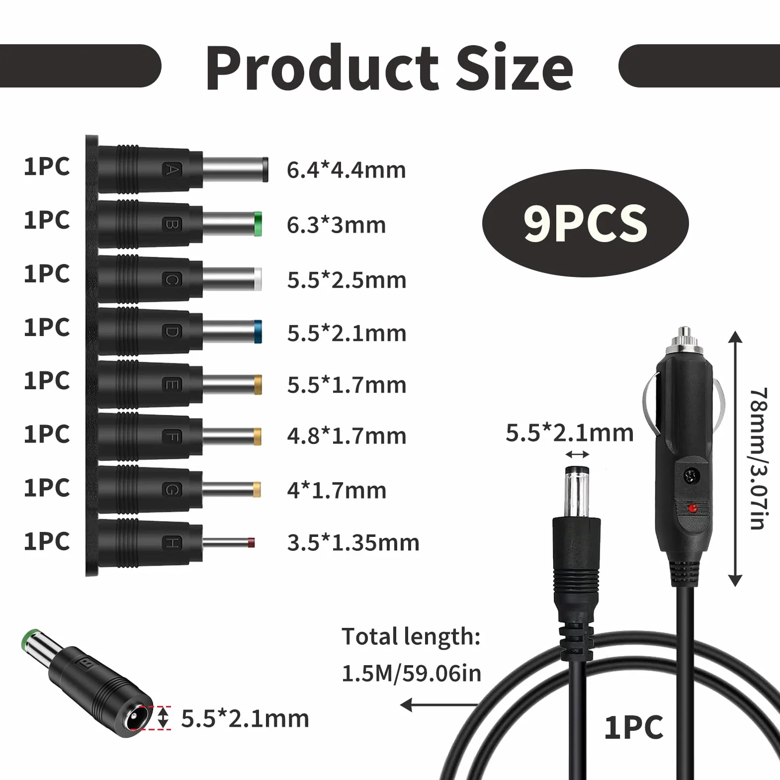 Kabel do ładowarki samochodowej 12V 8 końcówek DC 5,5x2,1mm adapter zapalniczki