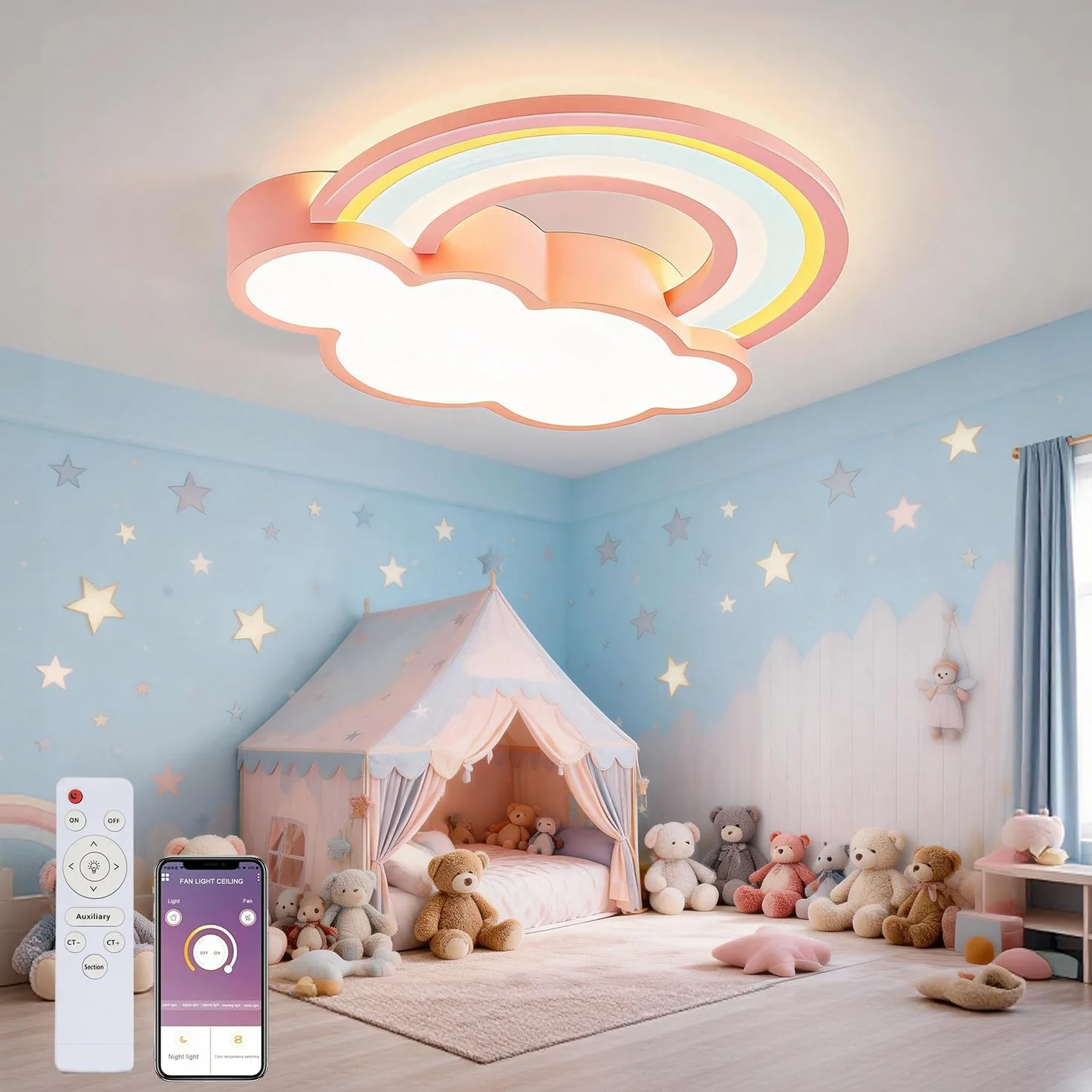 KZT Lampa sufitowa LED ściemniana z pilotem nowoczesne tęczowe chmury lampa wisząca pokój dziecięcy chłopiec dziewczyna lampa sufitowa kreskówka akrylowy abażur żyrandol do sypialni salonu hotelu
