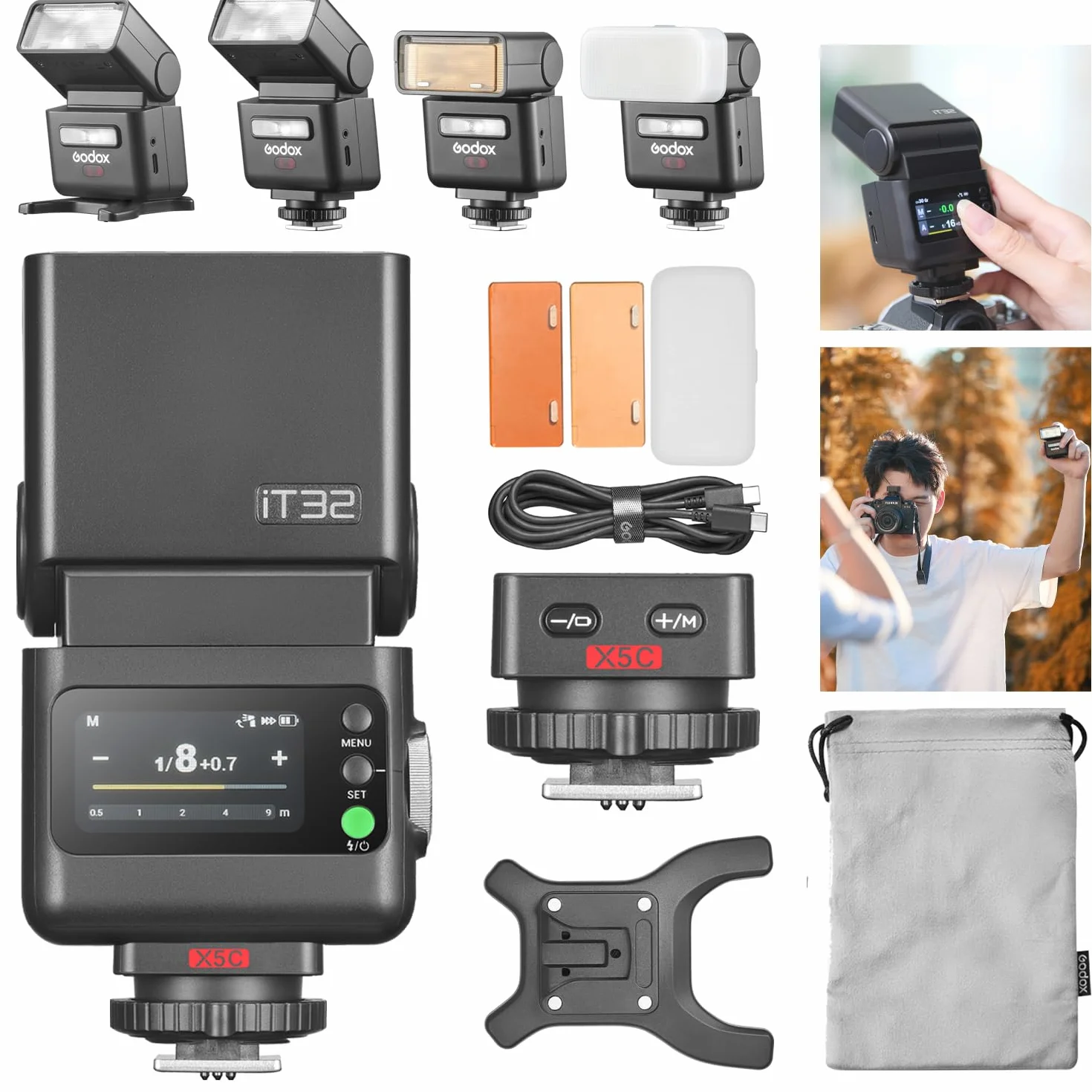 Godox iT32 Lampa błyskowa do aparatów + X5-C podstawa magnetyczna Kompatybilna z aparatami Canon, TTL HSS + lampa LED, X5 służy jako uchwyt + wyzwalacz w jednej podstawie, bezprzewodowa kontrola