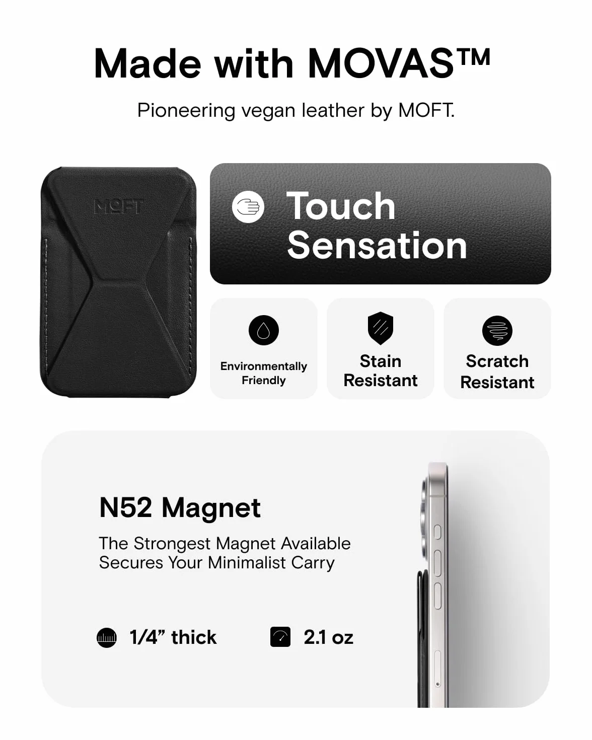 MOFT MOVAS MagSafe Stojak na Portfel iPhone 15/14/13/12, Wegańska Skóra, Magnetyczny Stojak z 3 Kątami Widzenia, 2 Uchwyty na Karty (Jet Black)
