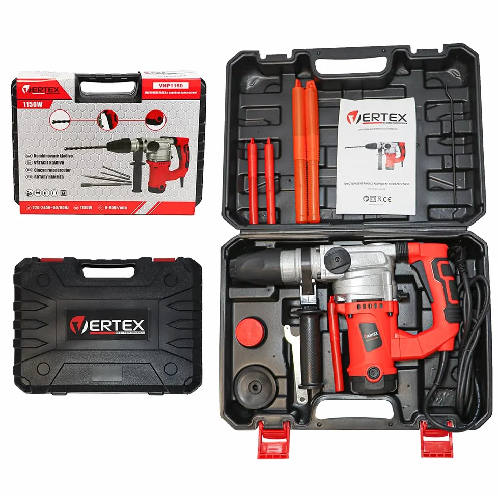 Vertex Młotowiertarka Z Napędem Poprzecznym VNP1150, 1150W, SDS+, 5J, 950 obr./min, z Walizką PCV, Wiertłami i Dłutami, 220-240V