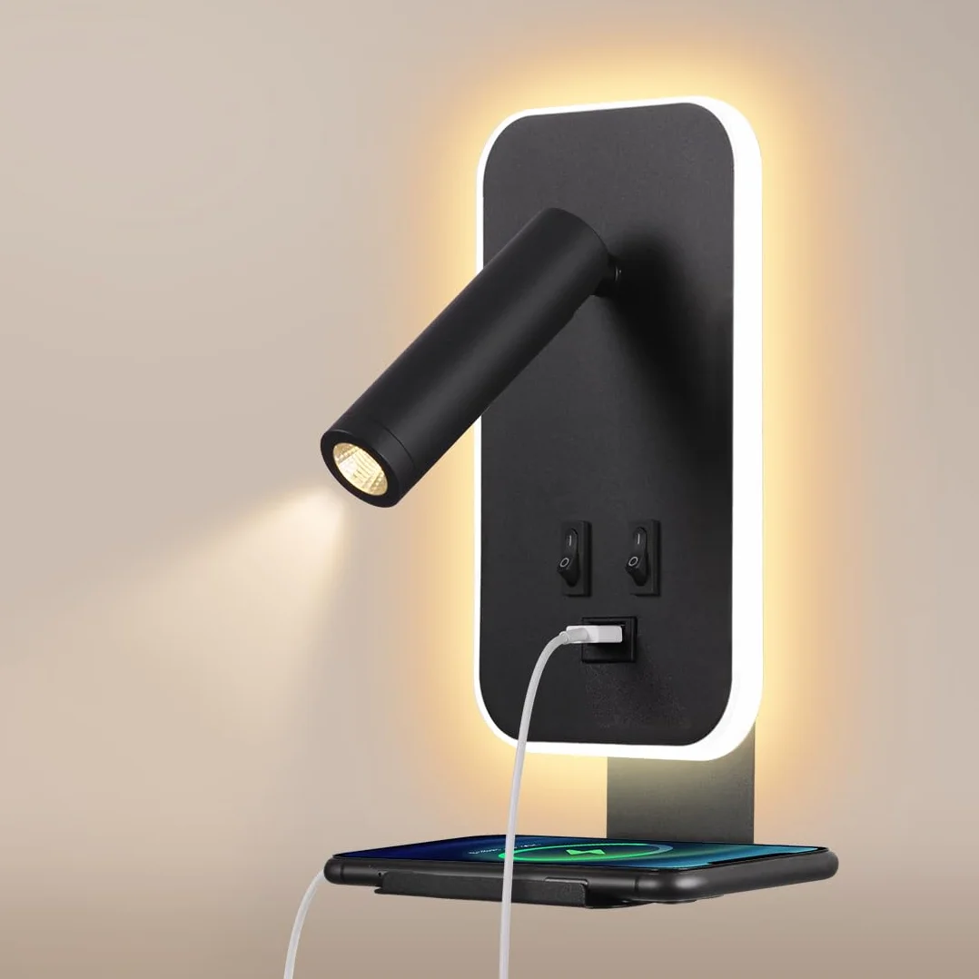 Nowoczesna lampa ścienna LED, 3W lampa do czytania, Met USB-oplaadpoort en telefoonhouder,obracana o 350°, 9W lampa ścienna LED, z przełącznikiem, do sypialni, salonu, gabinetu,3100K (Czarny)