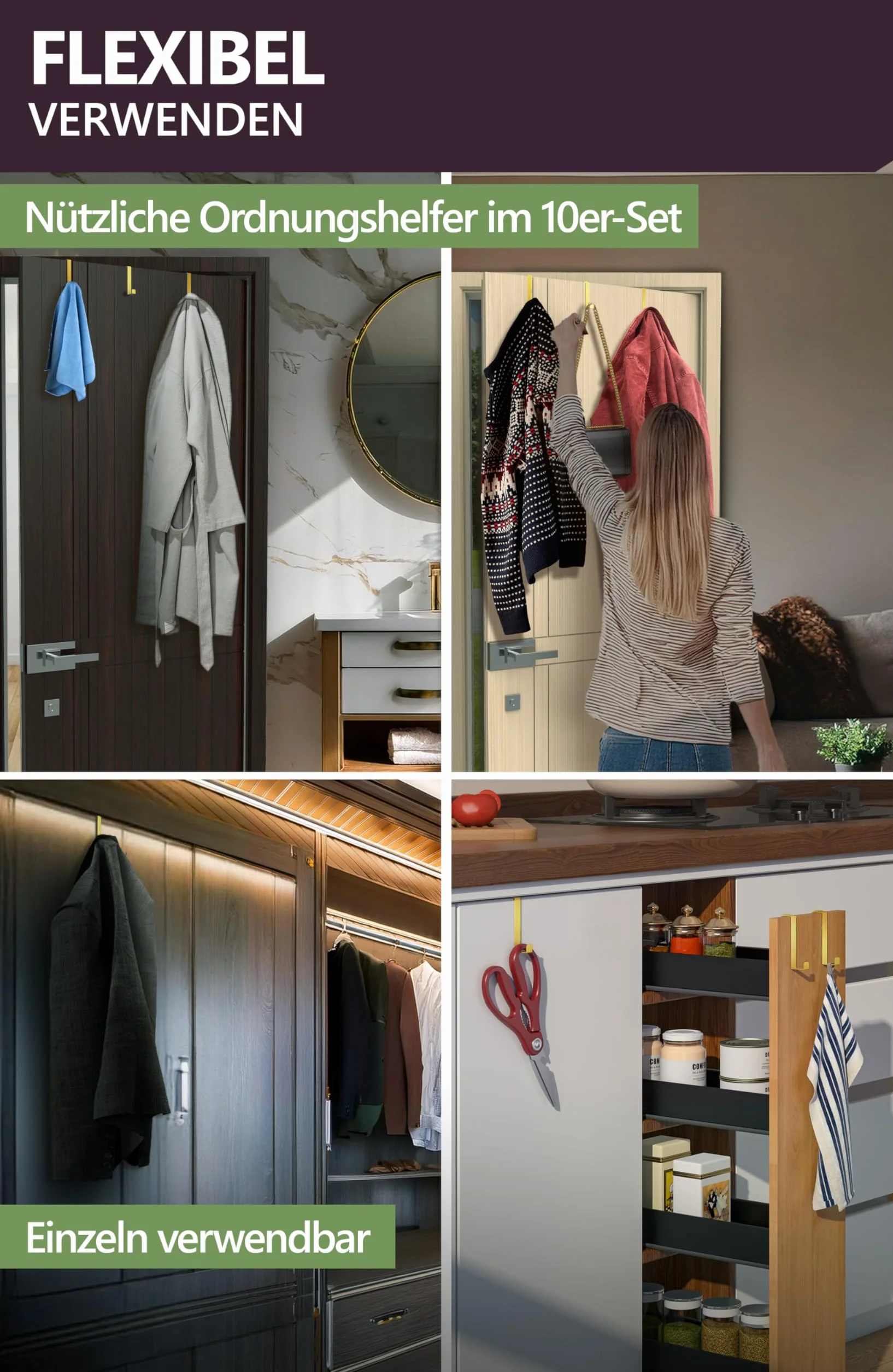 4smile Haczyki na drzwi do zawieszenia, zestaw 10 sztuk, kolor złoty, solidny wieszak na ubrania do całego mieszkania, elastyczne haczyki do zawieszenia, wytrzymała listwa z haczykami na drzwi