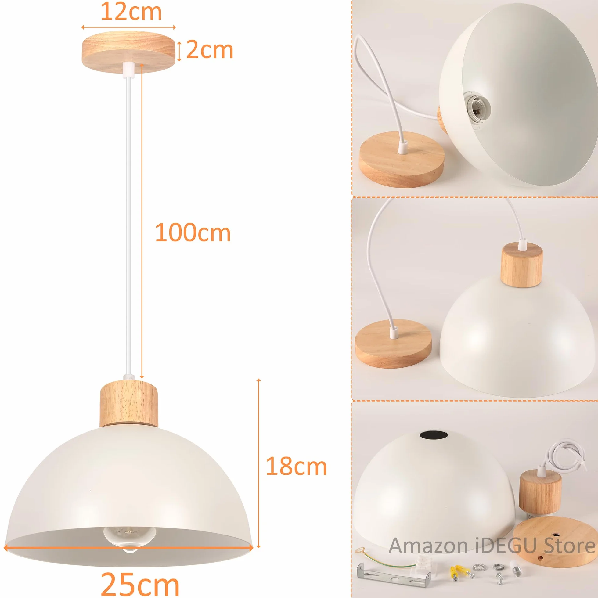 iDEGU Zestaw 2 żyrandoli wiszących w stylu retro, nowoczesny styl, półokrąg, lampa sufitowa E27, drewniana metalowa lampa wisząca do jadalni, kuchni, salonu, sypialni, Ø 25 cm (biały)