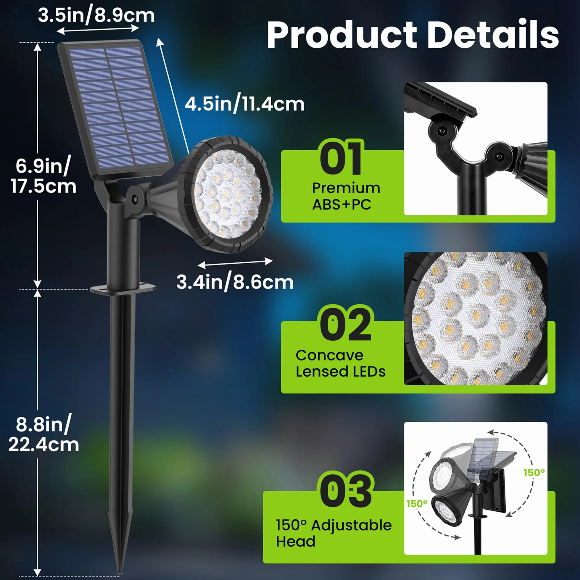 Solpex Solarne oświetlenie punktowe do użytku na zewnątrz, klasa wodoszczelności IP65, 25 diody LED, zasilane energią słoneczną reflektory do dróg, ogrodów, ogrodzeń (ciepła biel, 6 sztuk)
