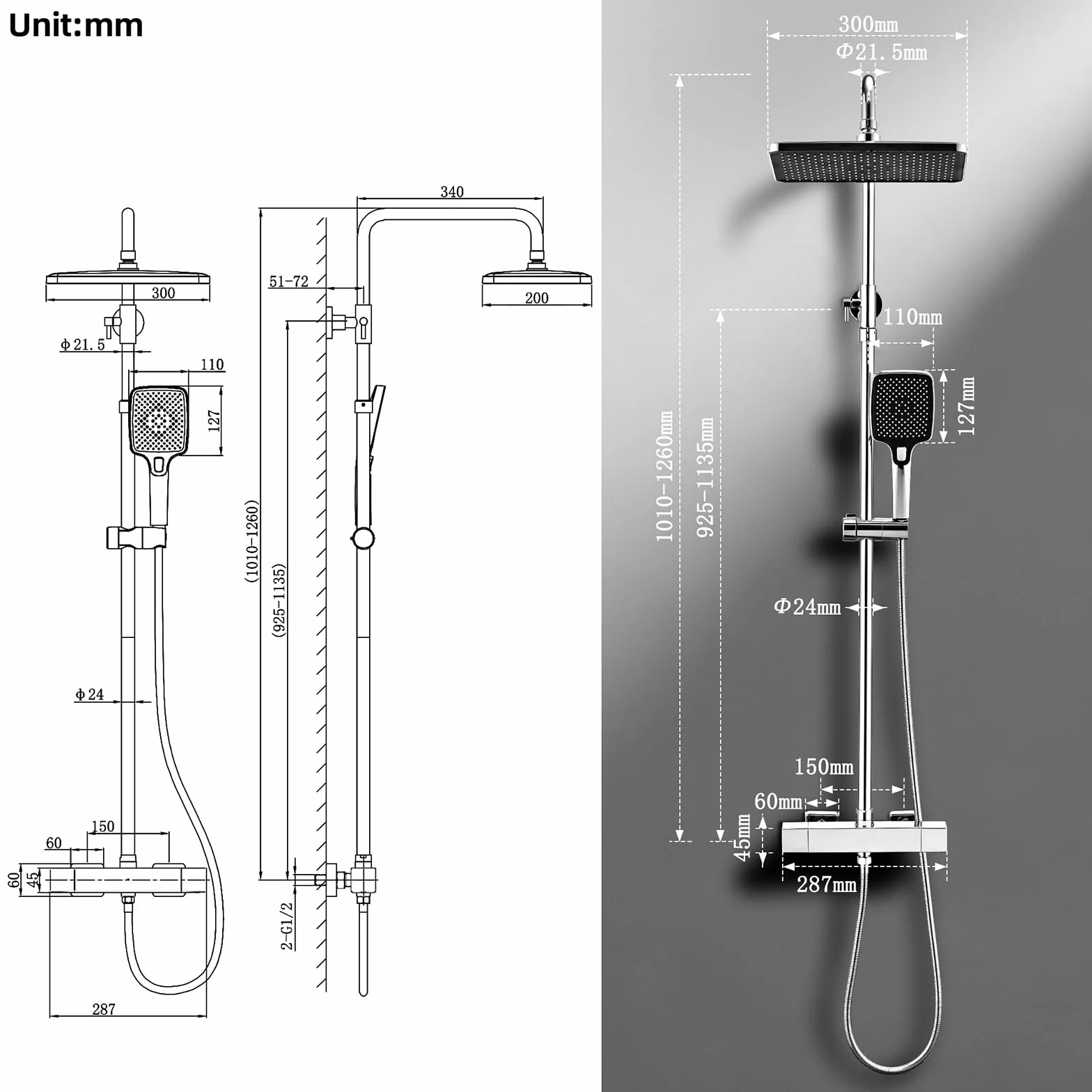 HOMELODY Termostat system prysznicowy, kompletny zestaw chromowy, 30 cm – 3 rodzaje strumienia, słuchawka prysznicowa, drążek prysznicowy z regulacją wysokości 101-126 cm, termostat, armatura
