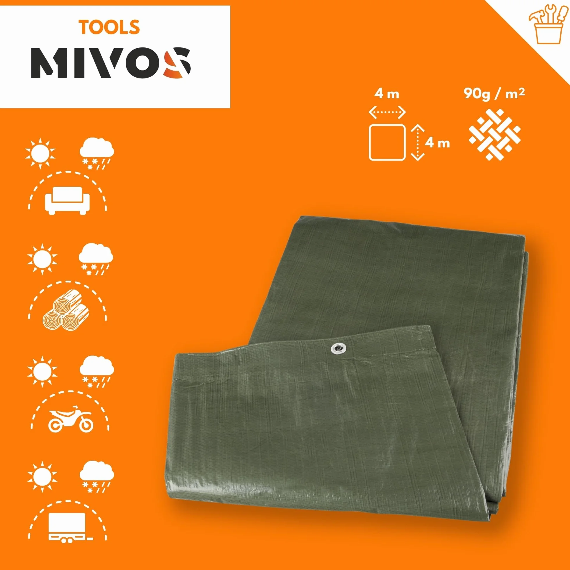 Mivos Uniwersalna plandeka wodoszczelna 4 x 4 m, zielona, plandeka 90 g/m², plandeka ochronna do mebli ogrodowych i drewnianych, odporna na pleśń, plandeka ogrodowa z aluminiowymi oczkami