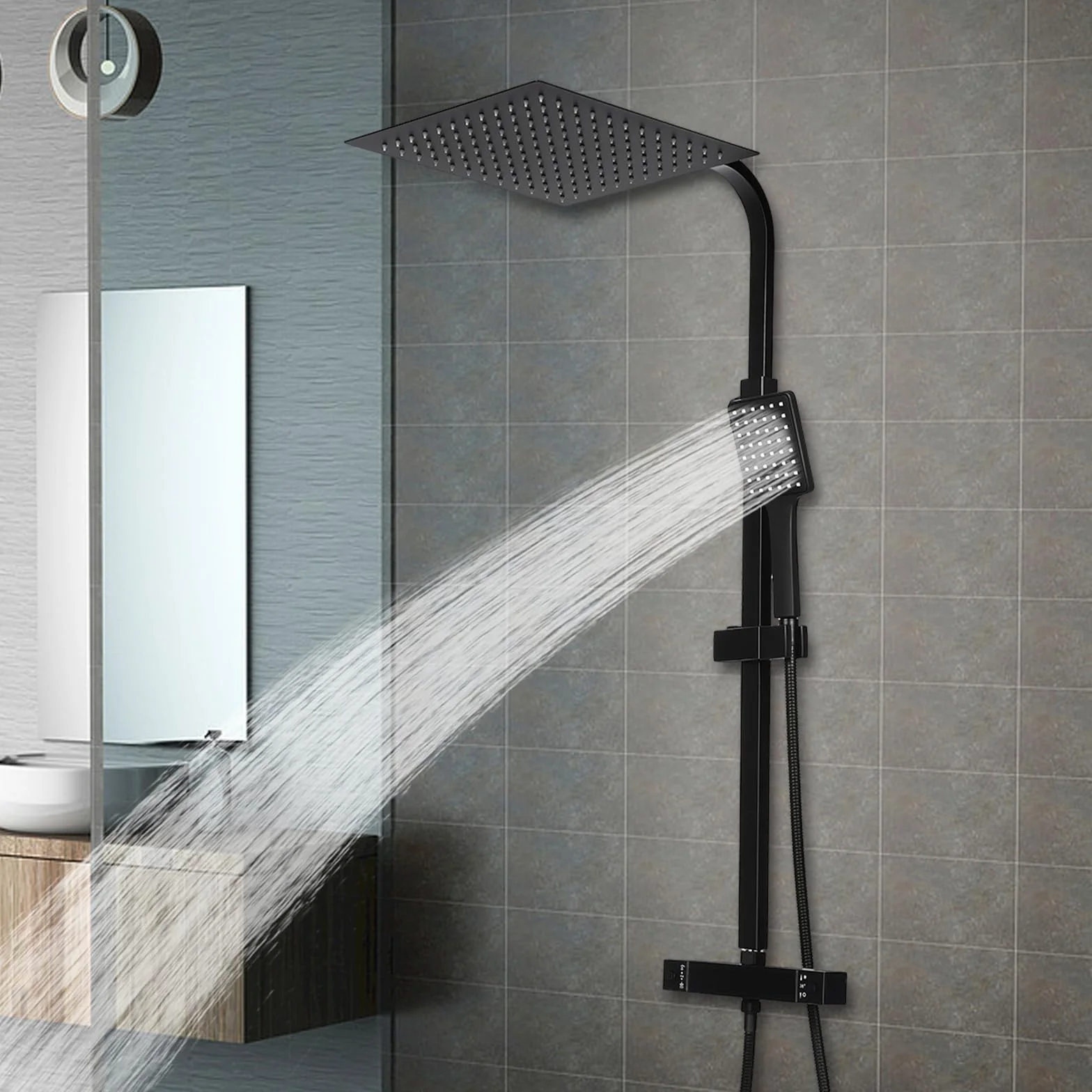 Termostat obracany o 360°, montaż ścienny, system prysznicowy, czarny, deszczownica 30 x 30 cm i słuchawka prysznicowa, ochrona przed oparzeniem 38°C, zawór ceramiczny, regulacja wysokości 70-105 cm
