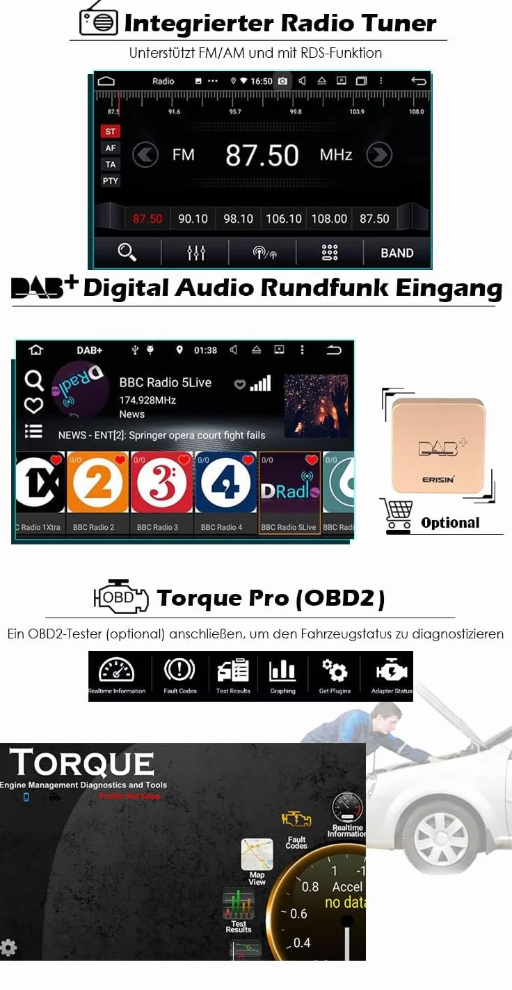 erisin 7-calowe radio samochodowe z systemem Android 12 do VW Touareg T5 Multivan GPS Navi Carplay Android Auto DSP Bluetooth WiFi 4G DAB+ TPMS Touch Screen CD/DVD A2DP SWC Car Radio 4 GB RAM + 64 GB
