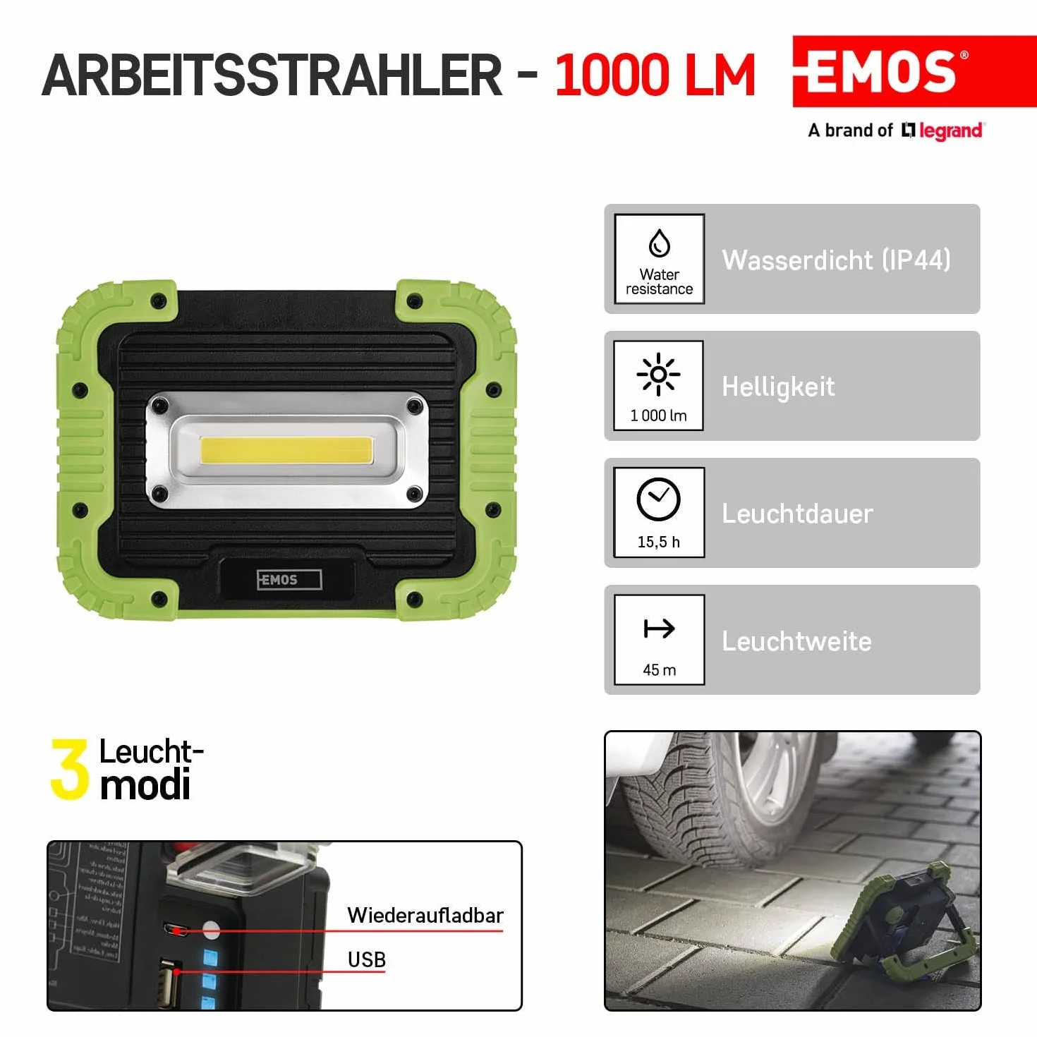 EMOS - Lampa robocza LED z możliwością ponownego ładowania, odporna na uderzenia i wodoszczelna, maks. 1000 lm, maks. 45 m, 3 tryby świecenia, 15,5 godziny, kabel micro USB, IP44, do użytku na