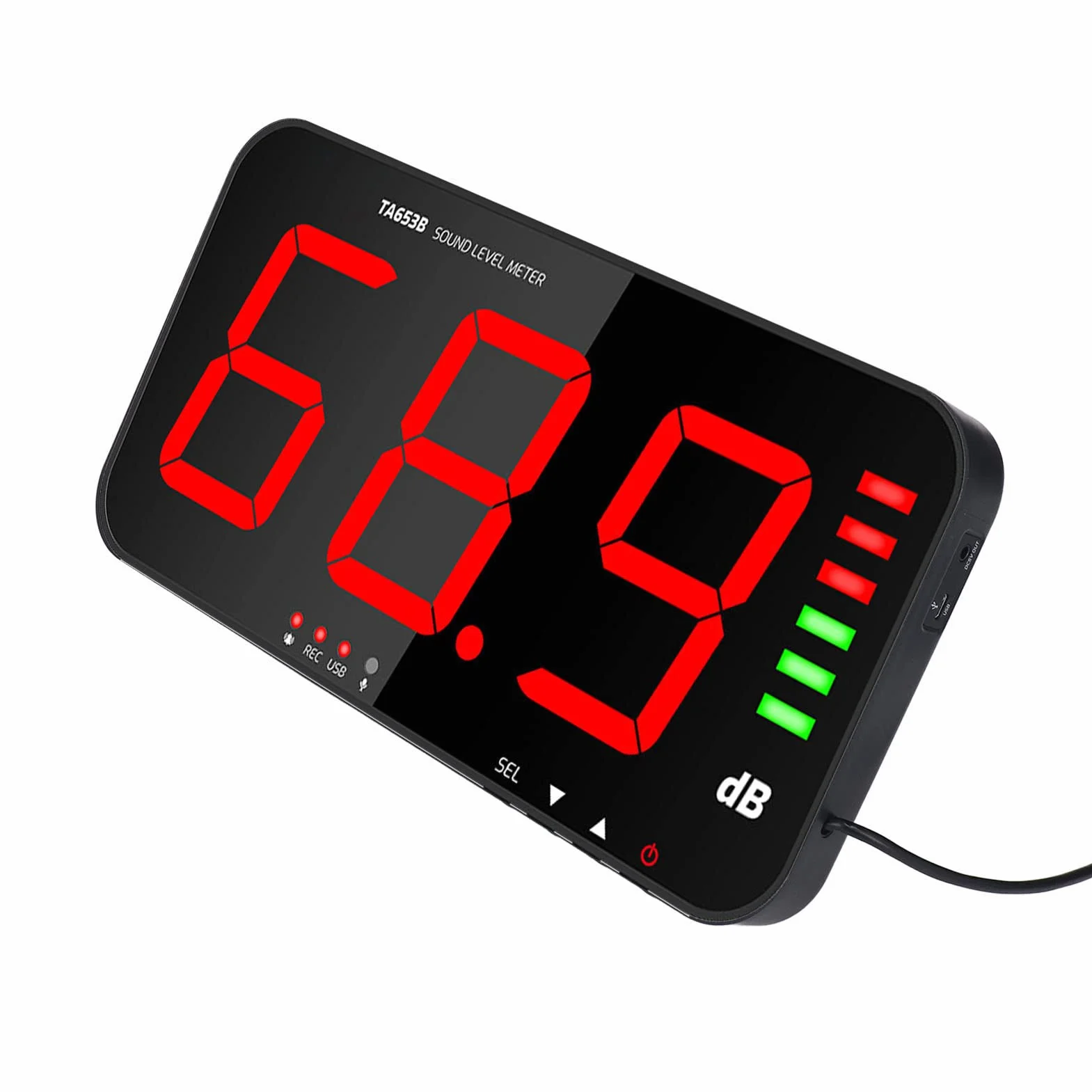 30dB-130dB DC5V 1A Micro USB Miernik Decybeli TA654B 13-calowy Ekran 3-Cyfrowy Wyświetlacz Miernik Poziomu Dźwięku Wiszący na ścianie Cyfrowy Czytnik Decybeli z Alarmem do