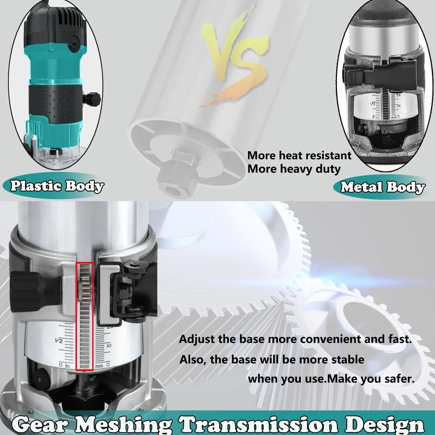 DOBETTER Frezarka ręczna, frezarka do obróbki drewna, 6,5 A i 1,25 HP, z nieruchomą podstawą i 6-stopniową regulacją prędkości obrotowej, w zestawie 12 frezów, tuleje zaciskowe 1/4” i 3/8” (frezarka)