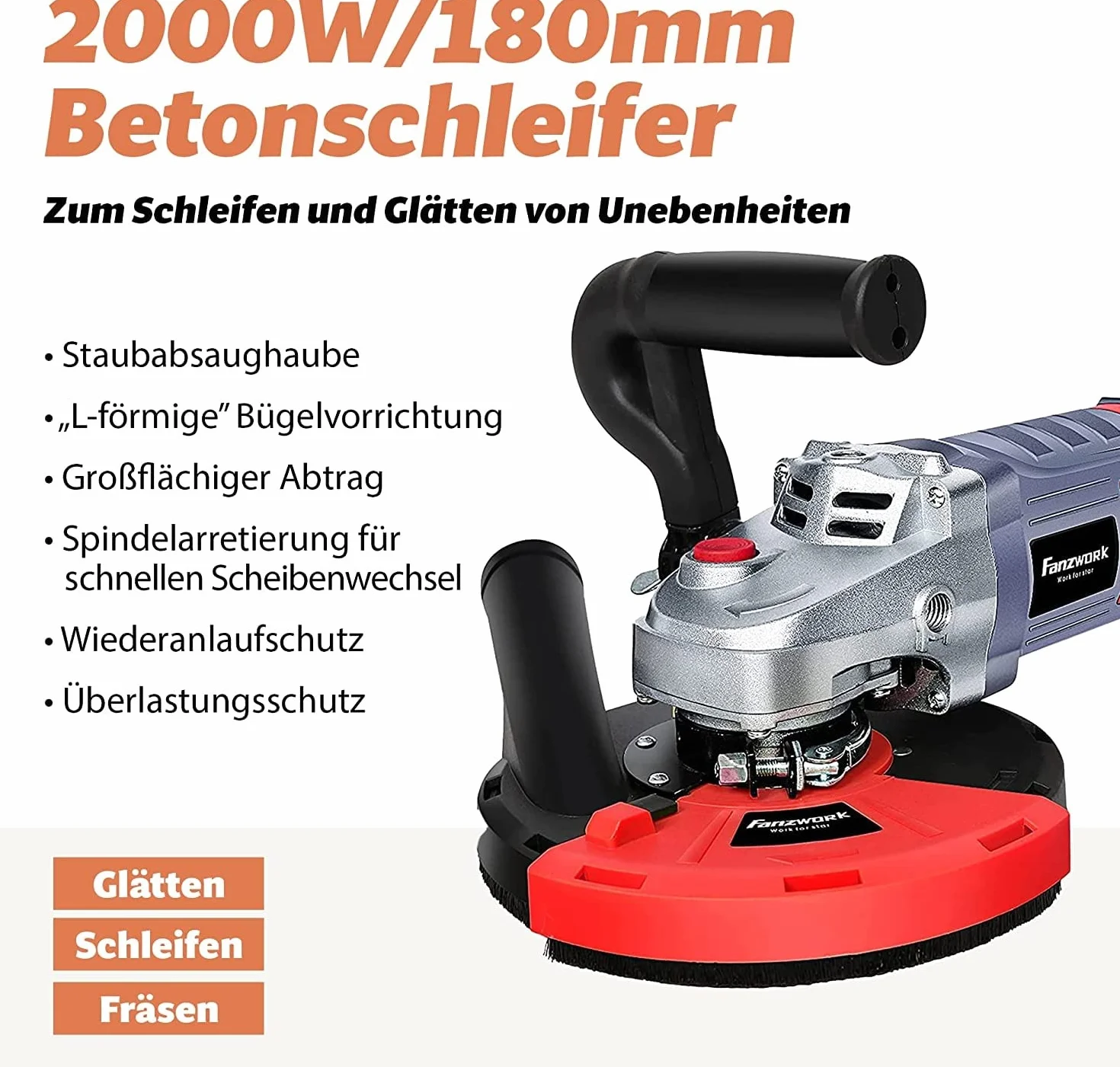 FANZTOOL Szlifierka do Betonu, zestaw z Diamentową Głowicą Szlifierską i oknem Odsysającym (2000 W/180 mm)