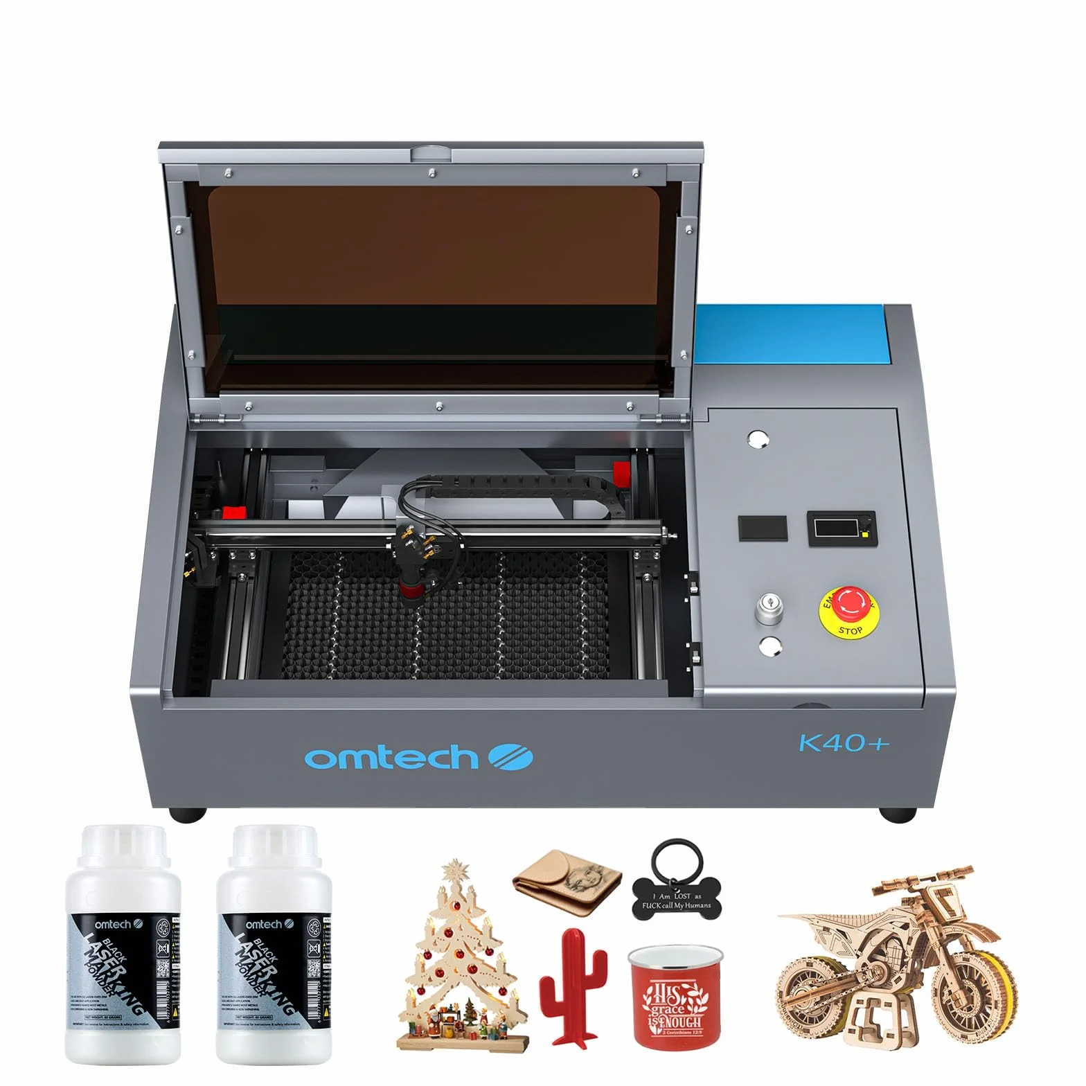 OMTech CO2 laserowa maszyna do grawerowania K40+ 30 x 20 cm, CO2, 40 W, 20 x 12", do grawerowania laserowego GRBL z 2 x laserowym proszkiem do znakowania metalu