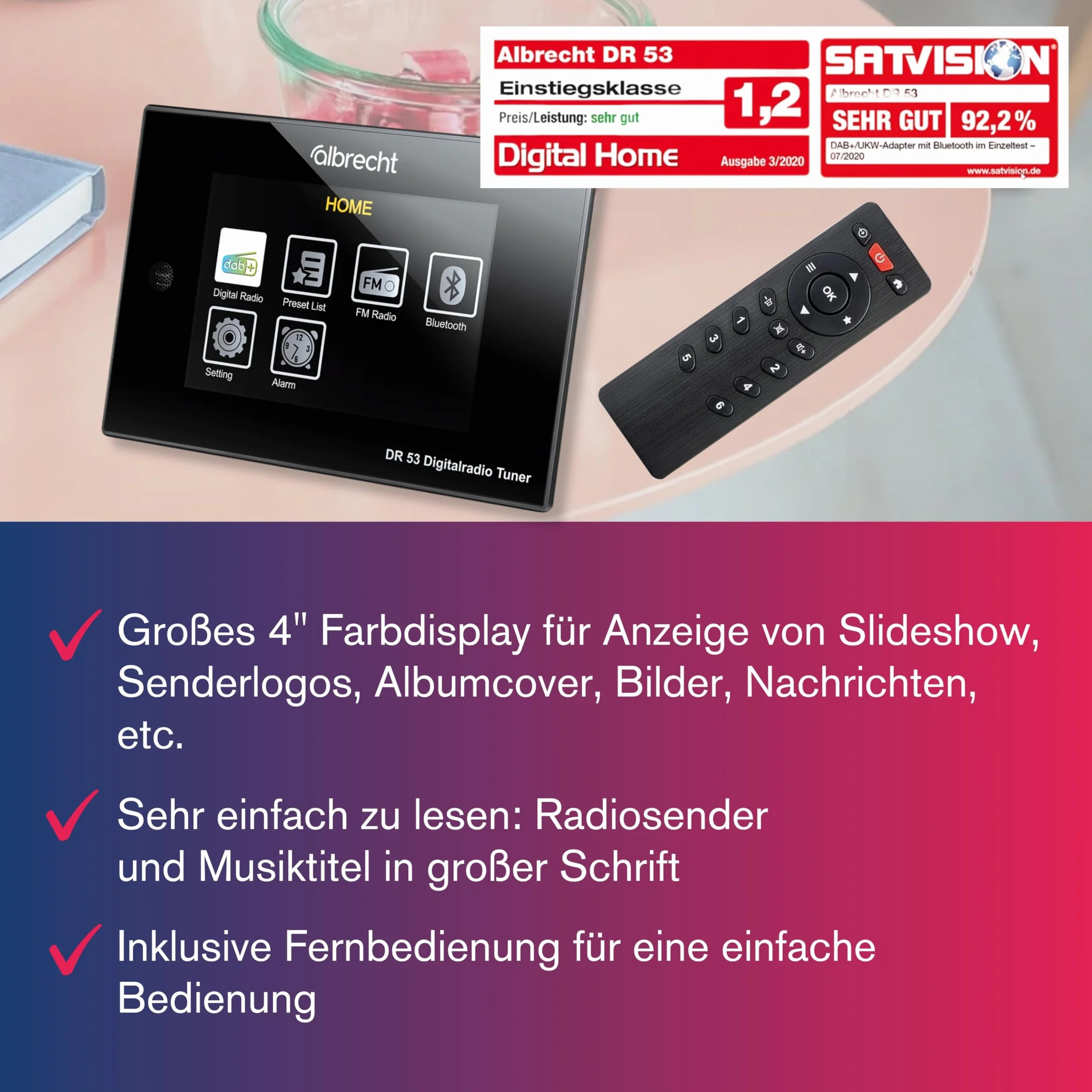 Albrecht DR53, DAB+/FM tuner radiowy, 27251, z kolorowym wyświetlaczem 4" do podłączenia do zestawu stereo z pilotem zdalnego sterowania