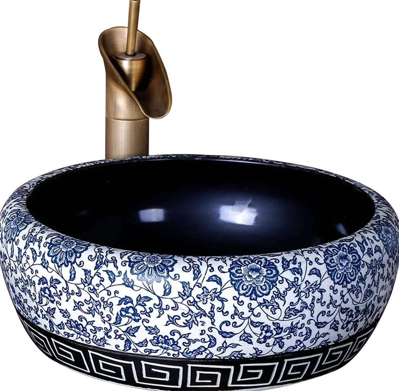 Ceramiczna Umywalka Łazienkowa, Umywalka Ceramiczna, Umywalka Nablatowa, Tradycyjna Umywalka Nablatowa W Kolorze Niebiesko-Białym, Okrągła, 16,5'' X 16,5'',Singlepot