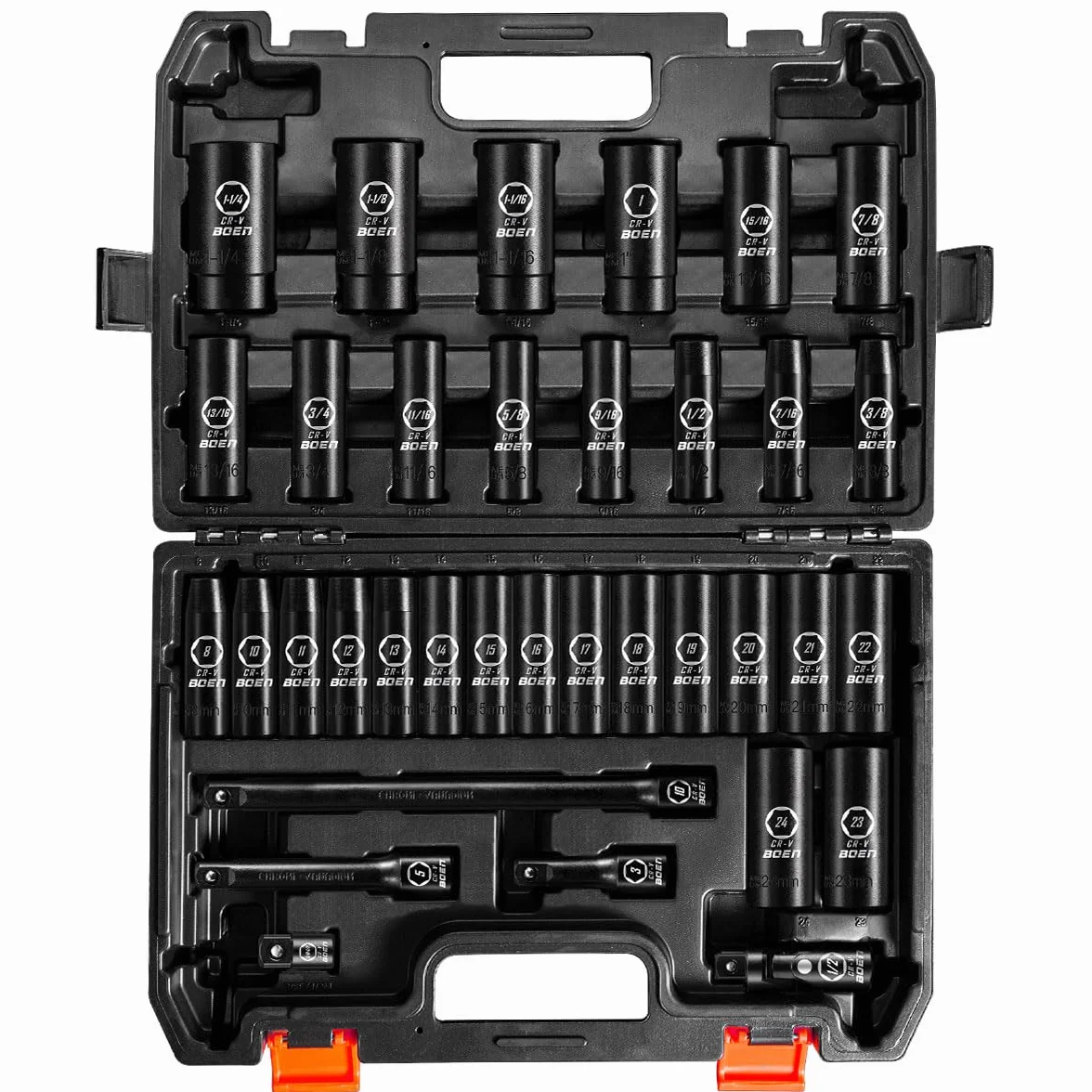 Boen 35-częściowy zestaw nasadek udarowych 1/5.1 cm - SAE 3/20.3 cm-1-1/10.2 cm i metryczne 8-24 mm, przedłużki, przeguby i adapter, stal Cr-V, obudowa z podwójnym zamkiem