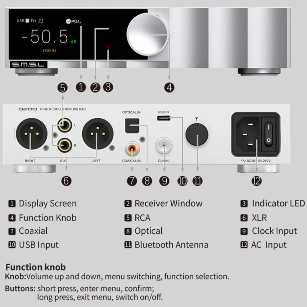 SMSL D200 stacjonarny dekoder audio ROHMBD34352EKV DAC-Chip Hi-Res 32 bit/768 kHz DSD512 Bluetooth