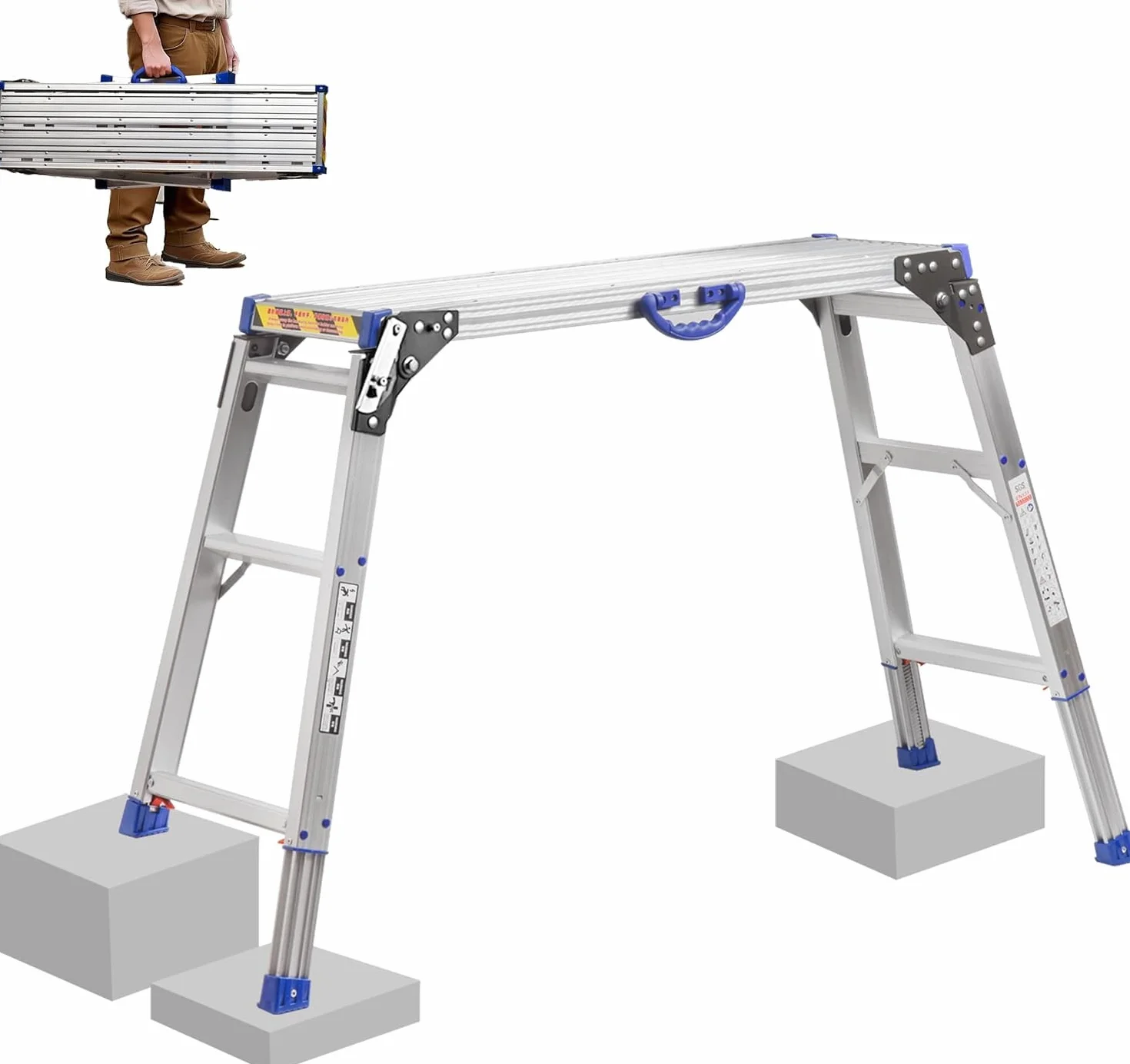 Platforma robocza 100 x 30 cm, 2-stopniowa platforma robocza składana, z antypoślizgową gumową matą, wszystkie nogi z regulacją wysokości od 65 do 90 cm, nośność 150 kg