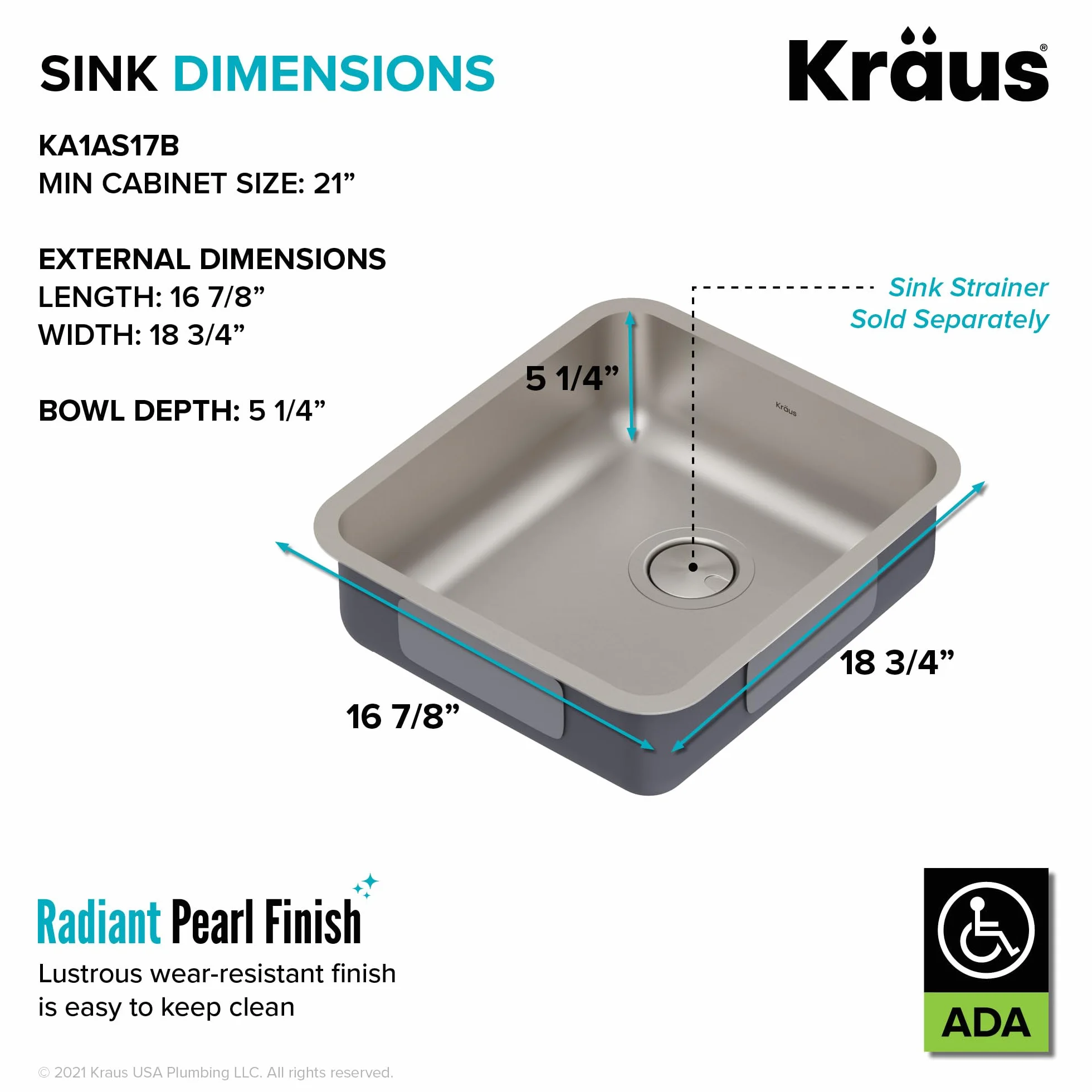 KRAUS Dex KA1AS17B Zlewozmywak kuchenny ADA ze stali nierdzewnej 16 Gauge 43 cm
