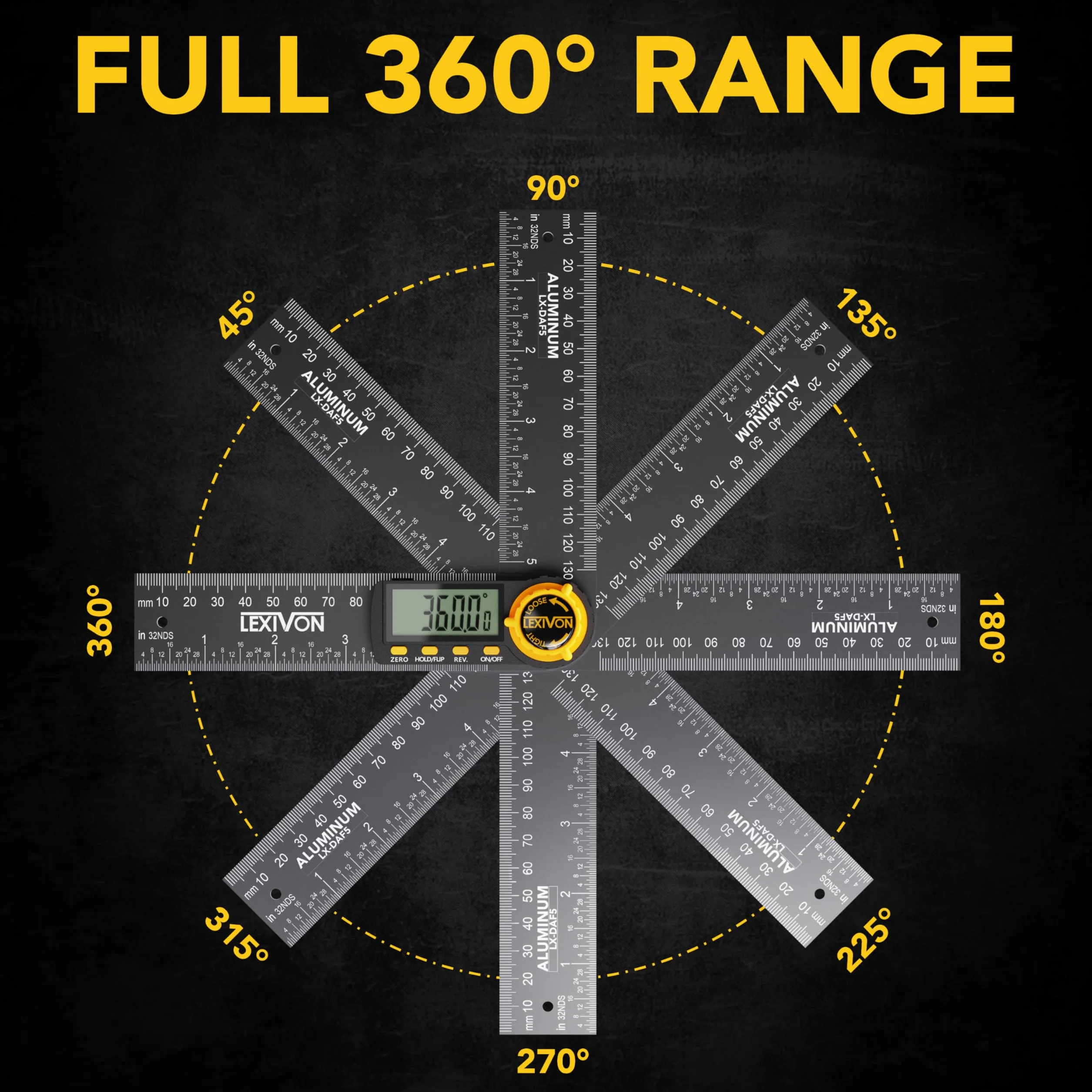 LEXIVON Cyfrowy kątomierz z aluminium, 130 mm, cyfrowy miernik kąta, uniwersalny kątomierz, z wyświetlaczem XL i wytrzymałą kieszenią na zamek błyskawiczny (LX-DAF5)