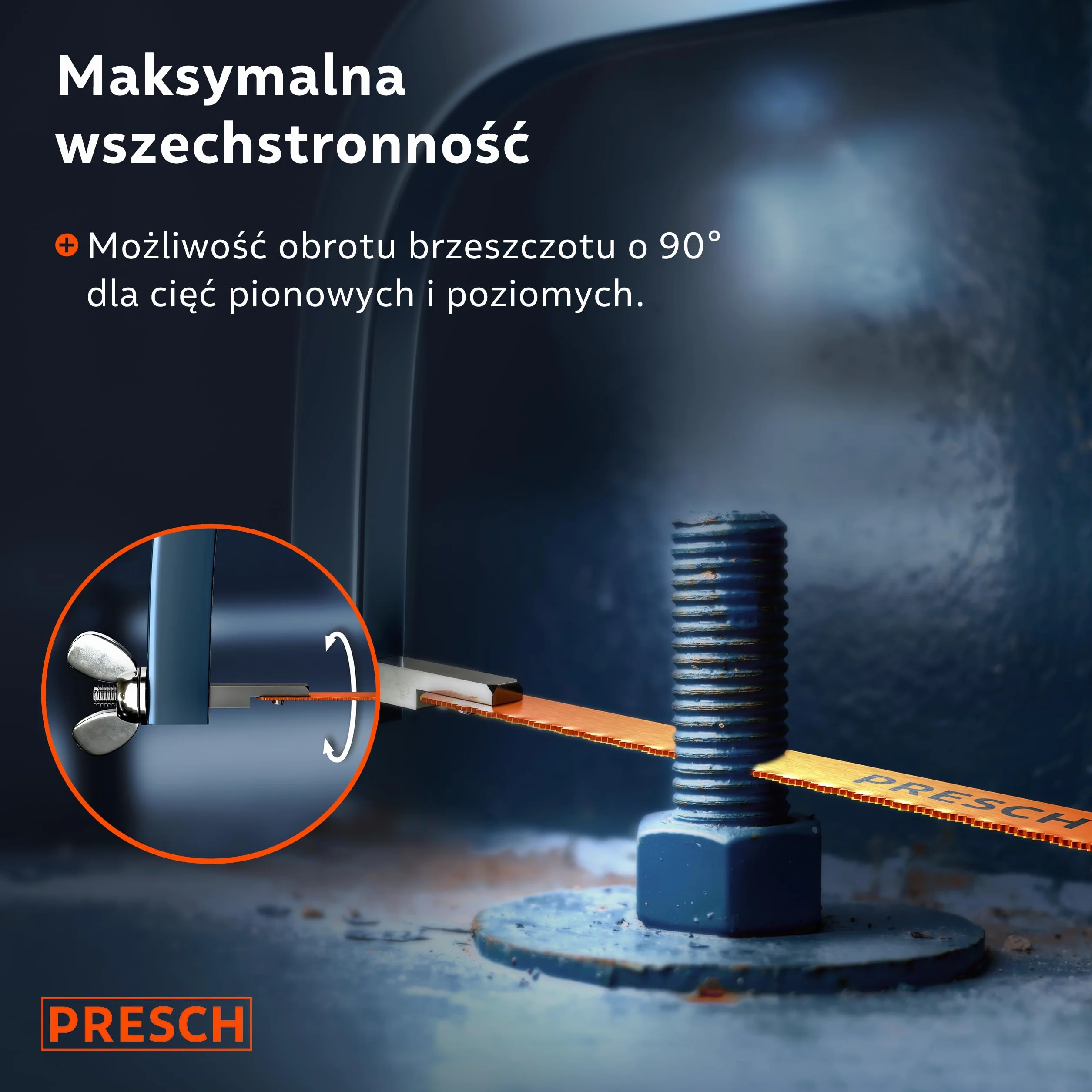 Presch Piła do metalu 300mm - Z brzeszczotem BI-metal do precyzyjnego cięcia - Obrót brzeszczotu o 90° do cięć poziomych i pionowych - Szybka wymiana brzeszczotów - Pila ręczna